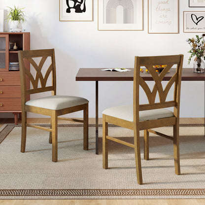 Set of 2 Wooden Dining Chairs Upholstered with Hollowed Backrest and Soft Padded Seat-Oak