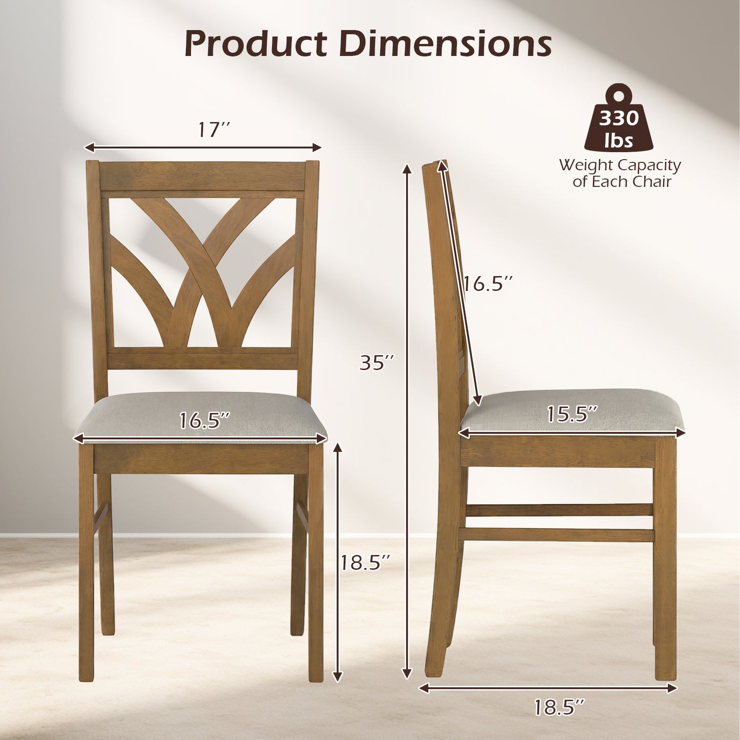 Set of 2 Wooden Dining Chairs Upholstered with Hollowed Backrest and Soft Padded Seat-Oak