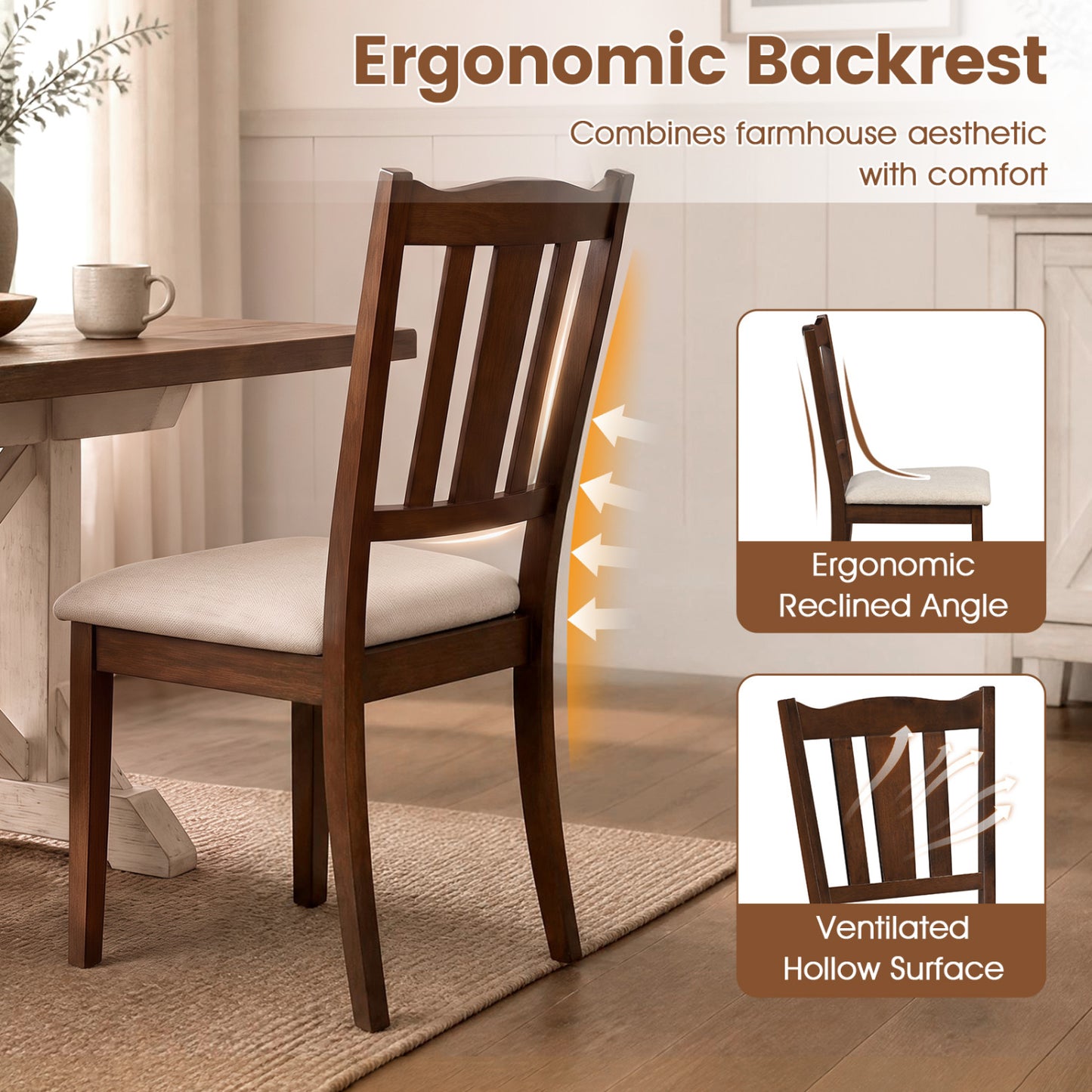 Wooden Dining Chairs with Hollow Back and Padded Seat, Set of 2
