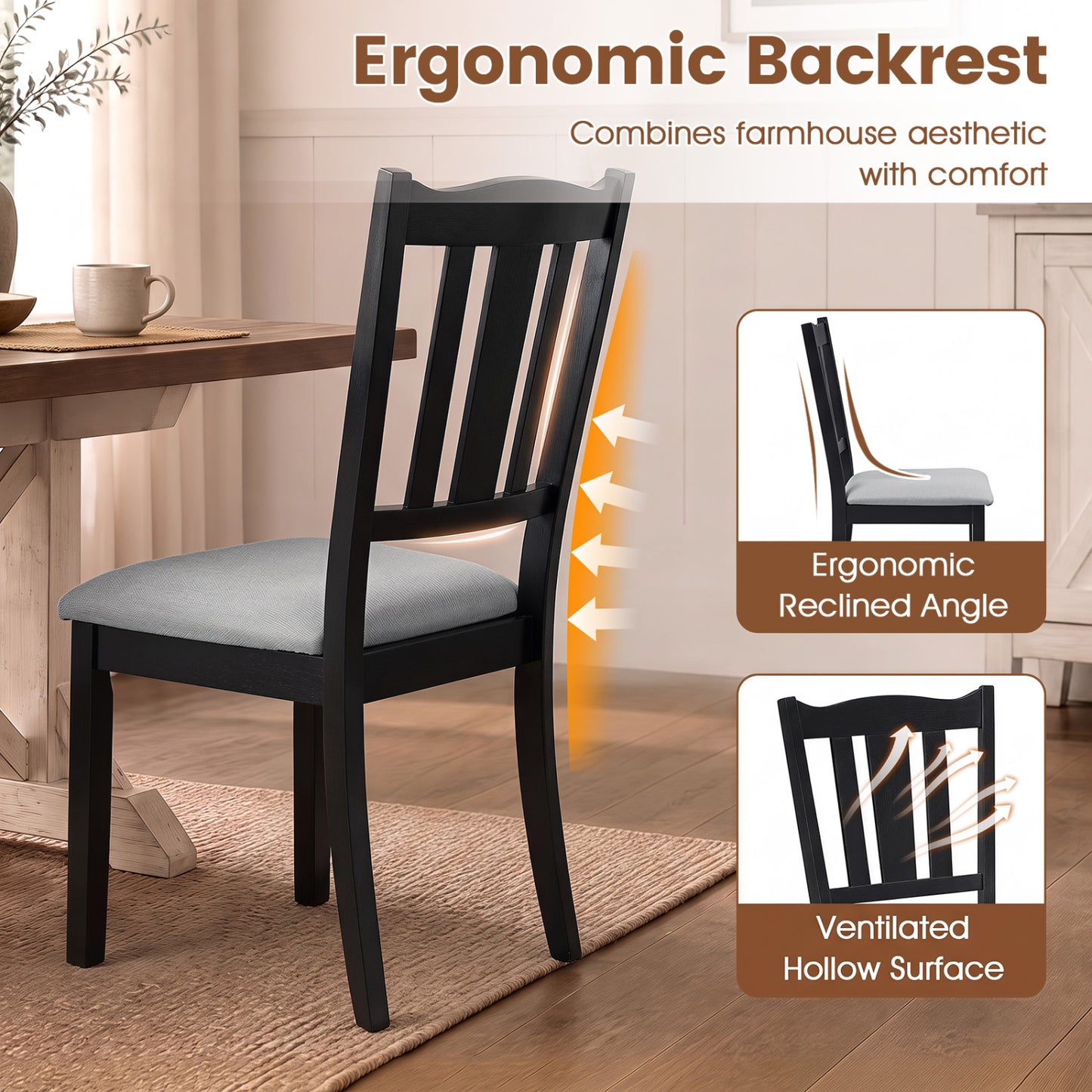 Wooden Dining Chairs with Hollow Back and Padded Seat, Set of 2