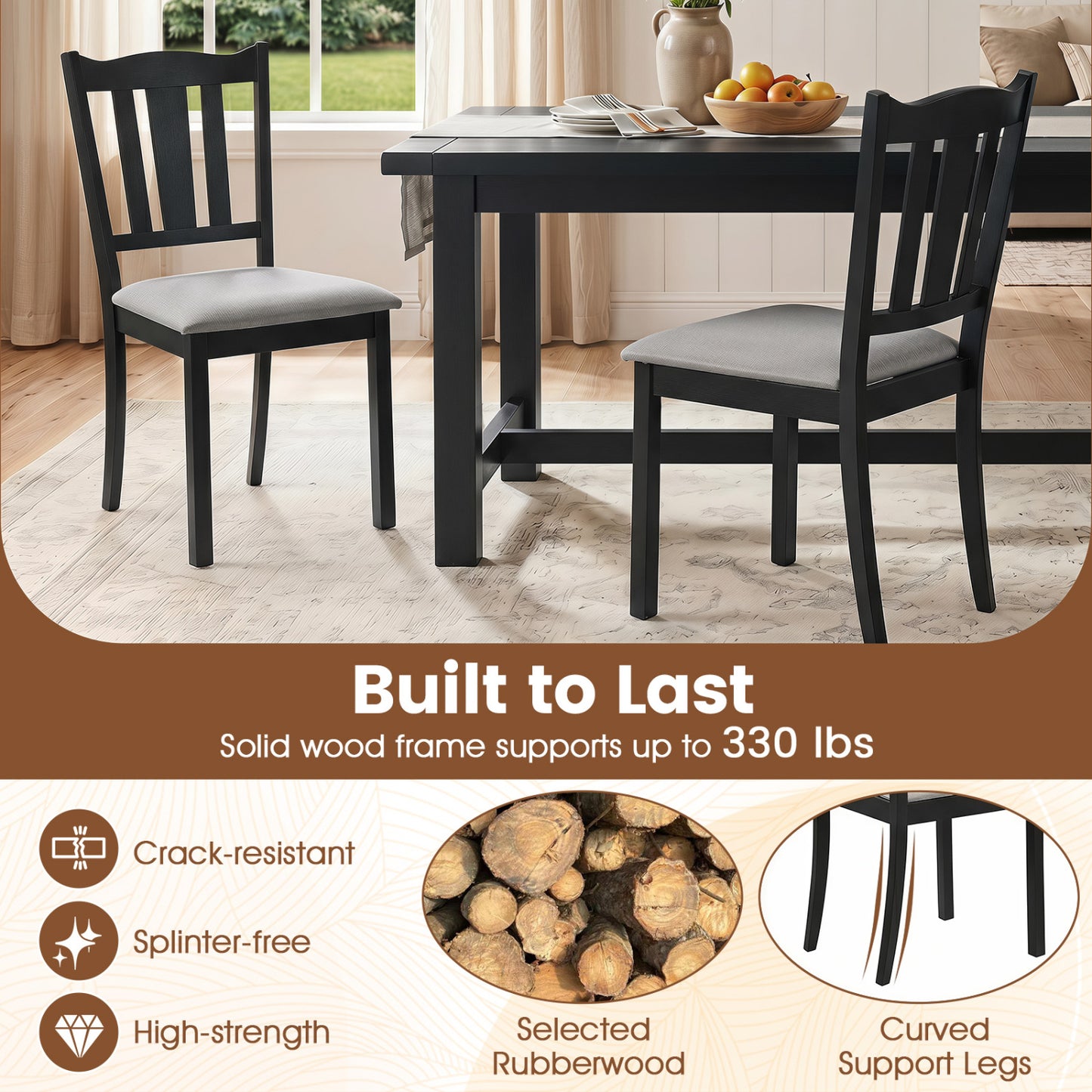 Wooden Dining Chairs with Hollow Back and Padded Seat, Set of 2