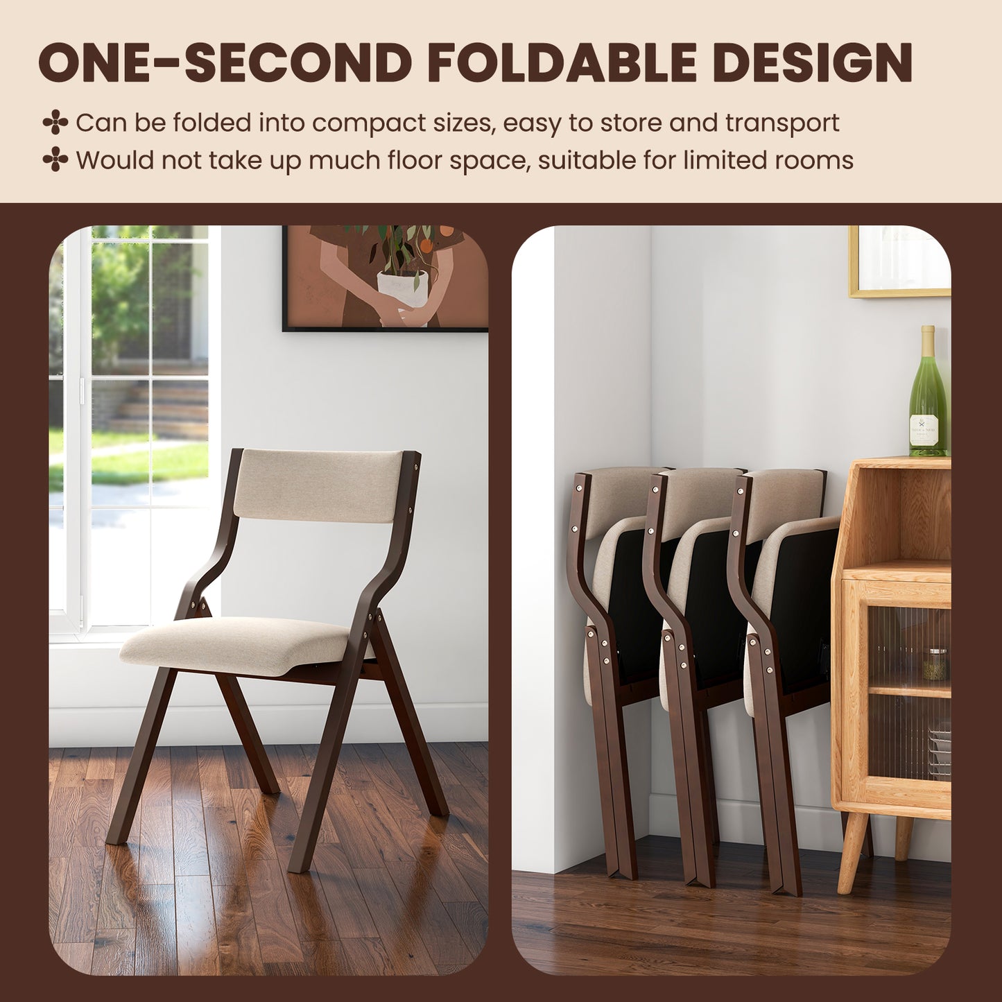 Set of 2 Wooden Folding Dining Chair with Linen Fabric Padded Seat and Backrest-Coffee