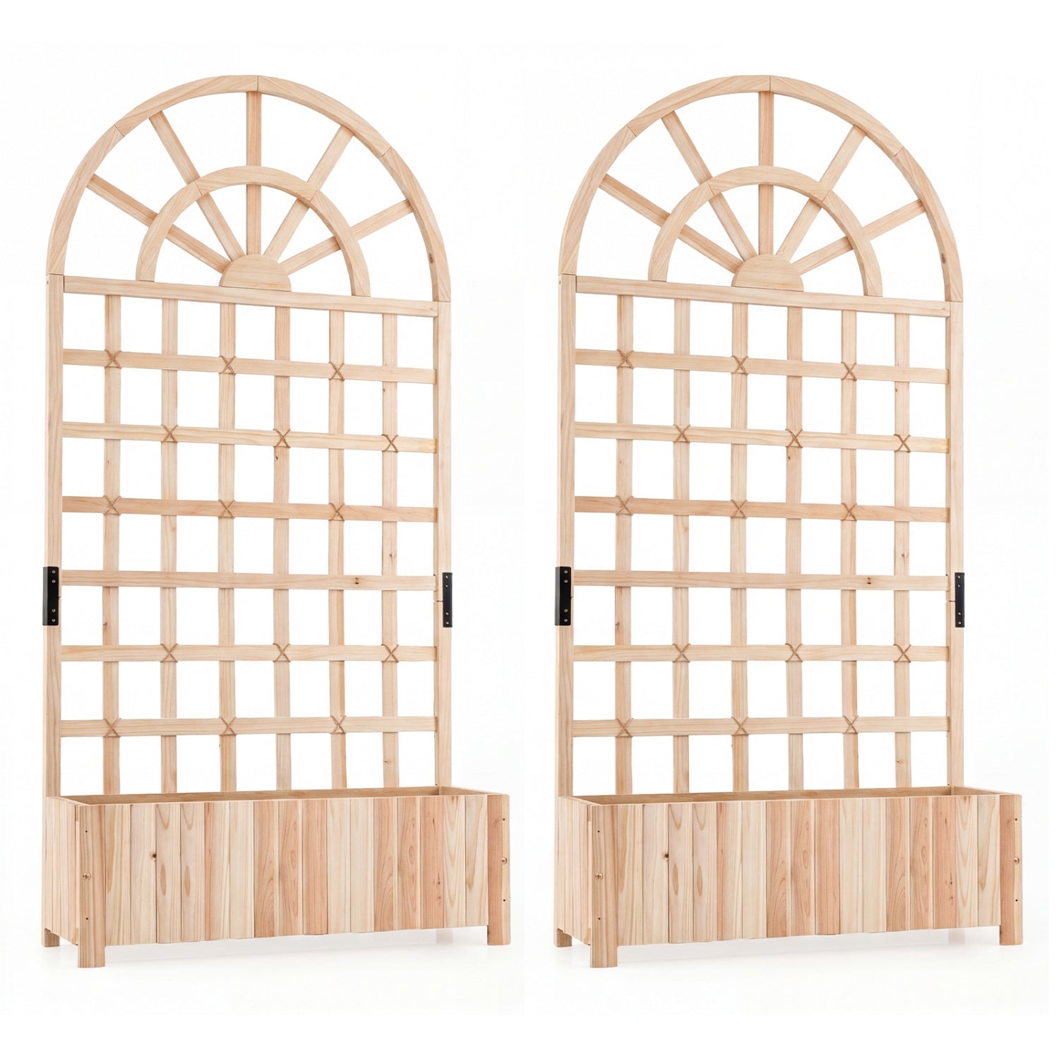 Set of 2 Wooden Raised Garden Bed with Trellis 71" Outdoor Planter Box Privacy Screen-Natural