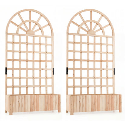 Set of 2 Wooden Raised Garden Bed with Trellis 71" Outdoor Planter Box Privacy Screen-Natural