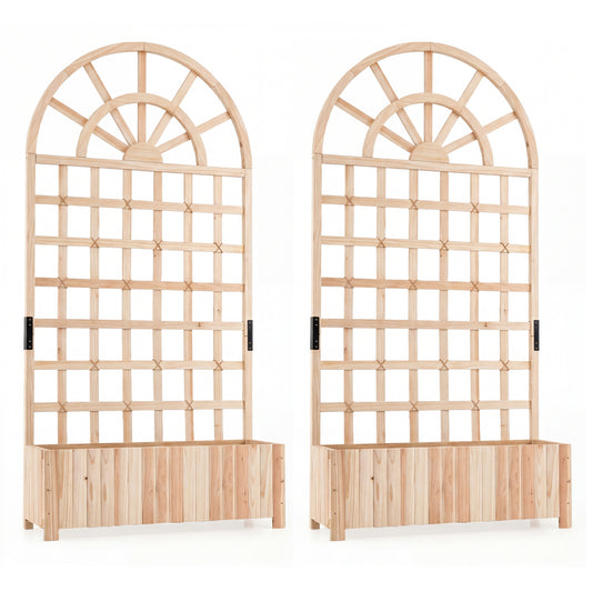 Set of 2 Wooden Raised Garden Bed with Trellis 71" Outdoor Planter Box Privacy Screen-Natural