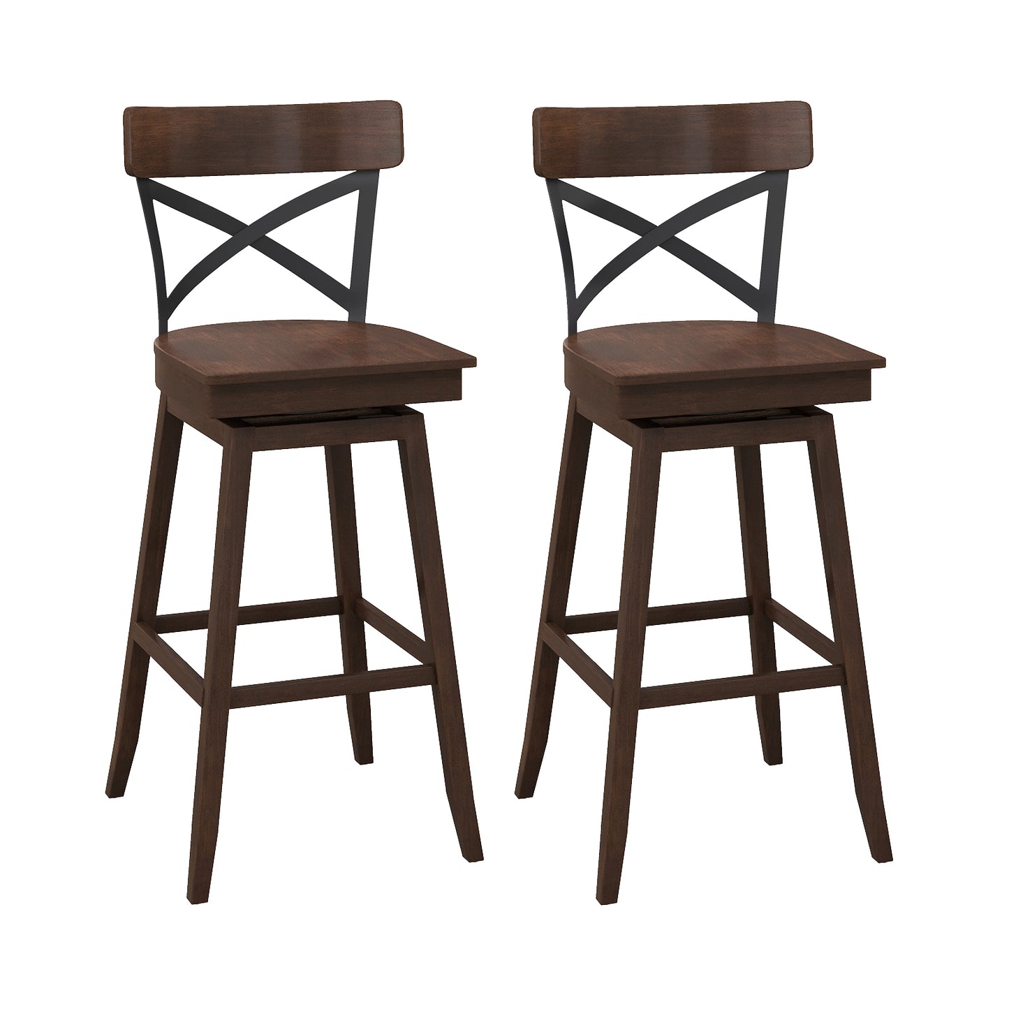 Set of 2 Wooden Swivel Bar Stools with Open X Back and Footrest-29 inches - 29 Inches