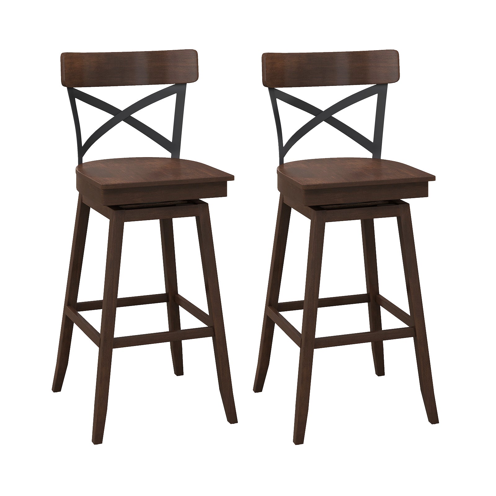Set of 2 Wooden Swivel Bar Stools with Open X Back and Footrest-29 inches - 29 Inches