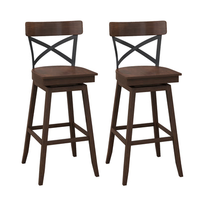Set of 2 Wooden Swivel Bar Stools with Open X Back and Footrest-29 inches - 29 Inches