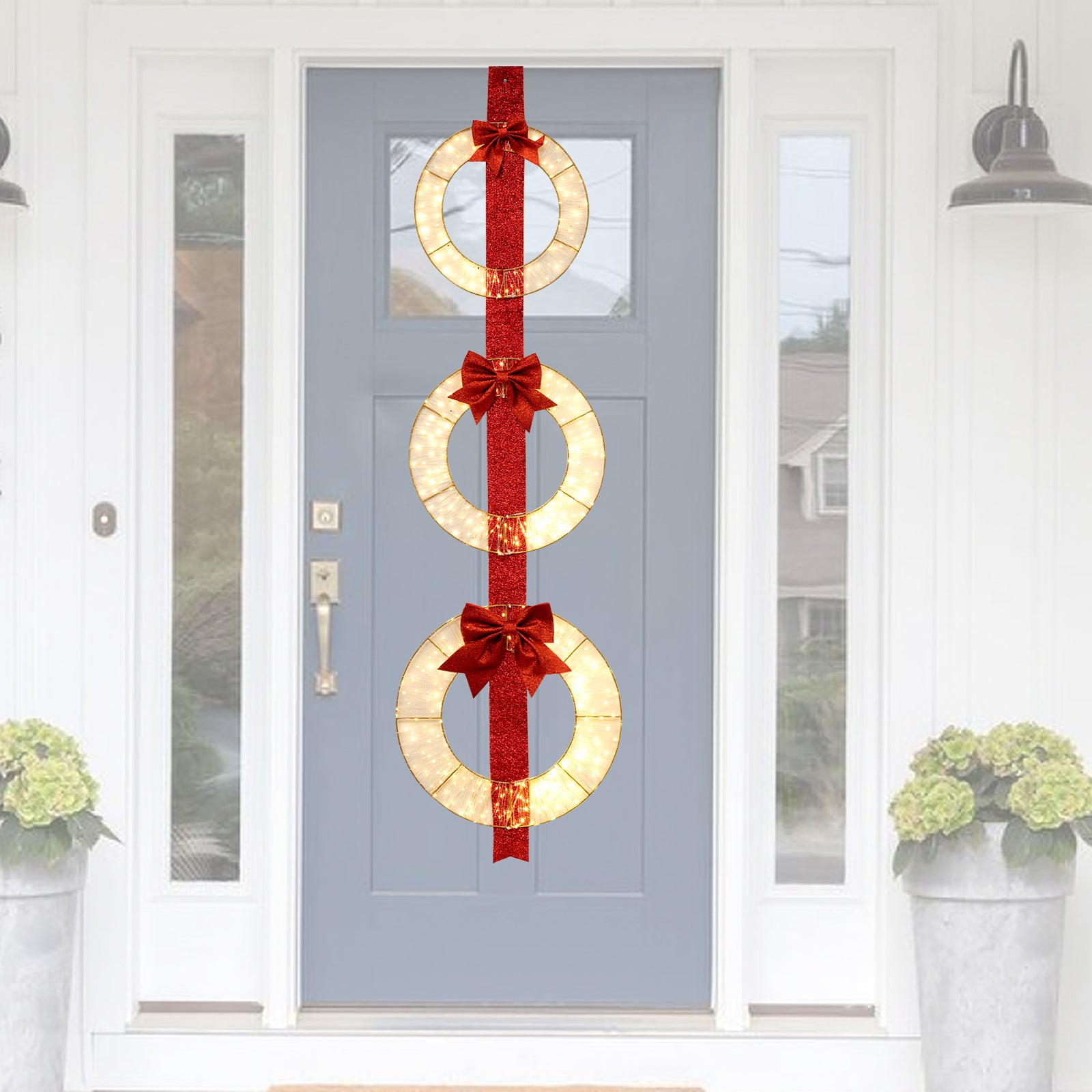 Set of 3 Christmas Lighted Wreaths with Warm White LED Lights and Bows