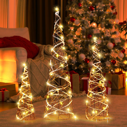 Set of 3 Lighted Rattan Cone Trees with LED Lights and Metal Frame