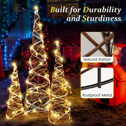 Set of 3 Lighted Rattan Cone Trees with LED Lights and Metal Frame