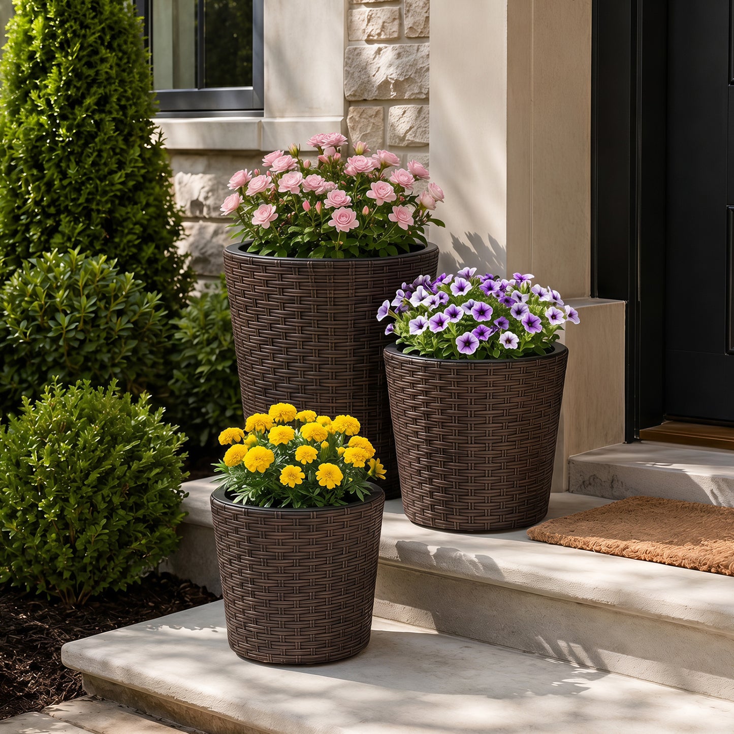 Plastic Rattan Planters Set of 3 with Drainage and Saucers