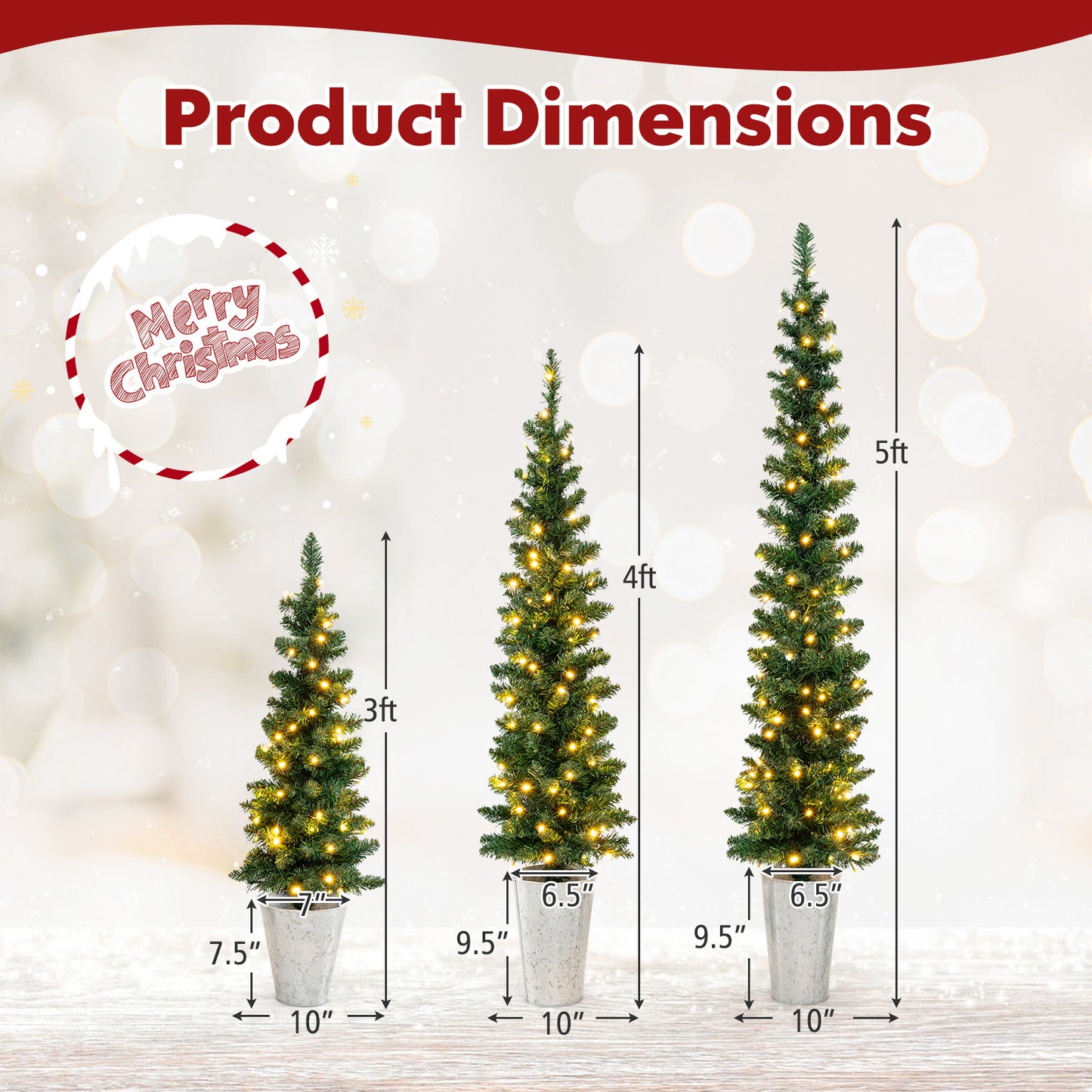 Set of 3 Pre-Lit Artificial Christmas Trees with 230 Warm White LED Lights