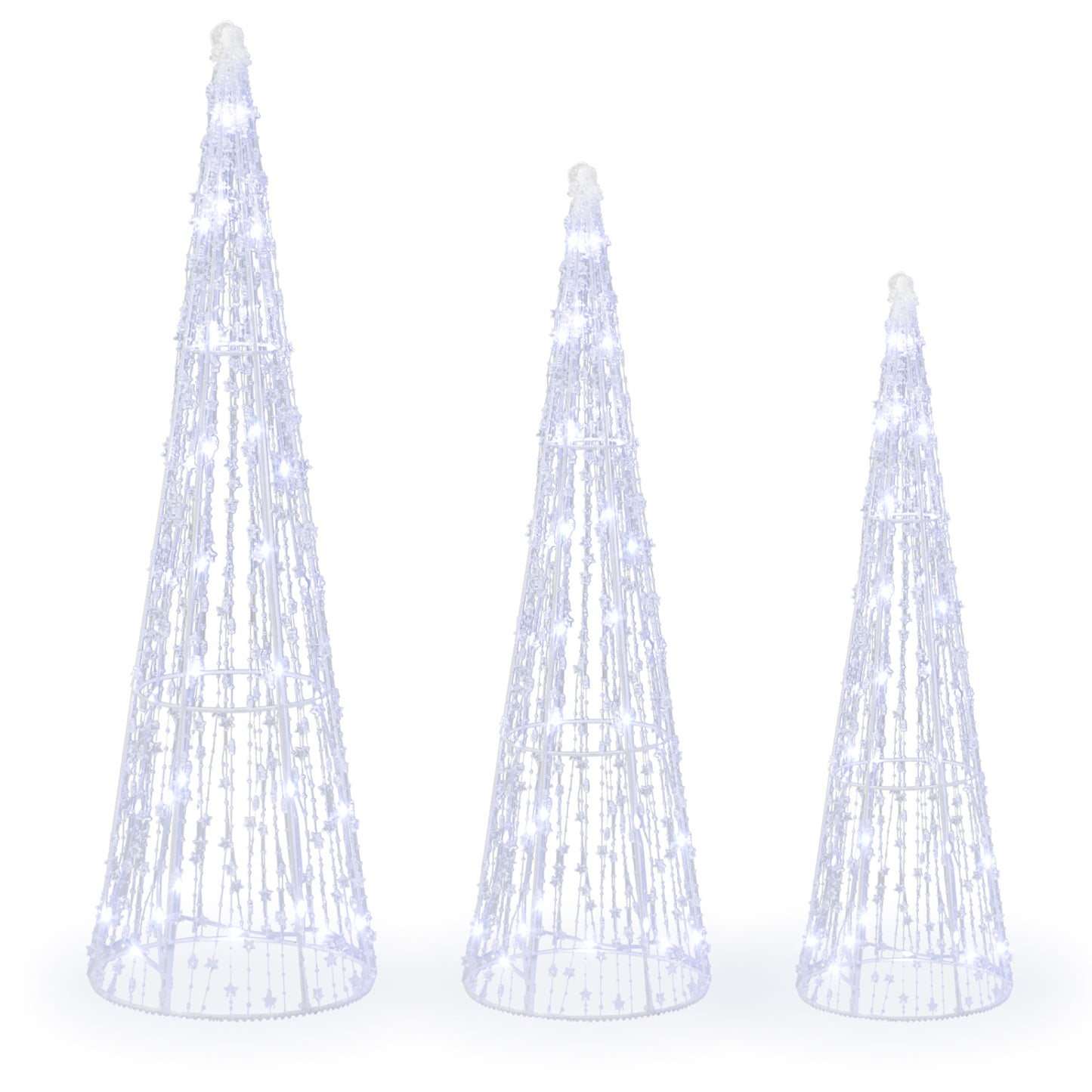 Pre-Lit Christmas Cone Trees Set of 3 with Cold White Lights