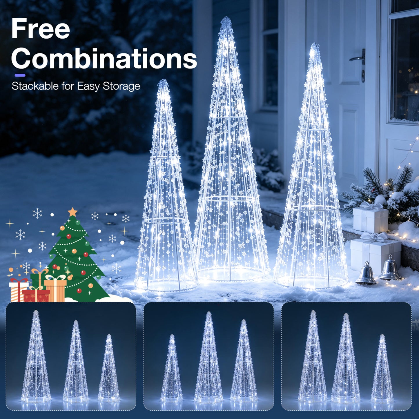 Pre-Lit Christmas Cone Trees Set of 3 with Cold White Lights