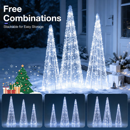 Pre-Lit Christmas Cone Trees Set of 3 with Cold White Lights