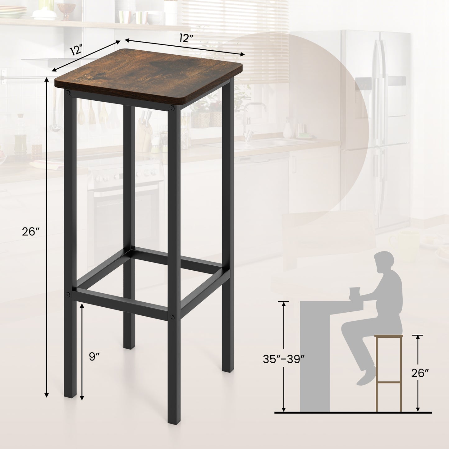 Set of 4 Bar Stool Set 26 Inch Bar Chair with Metal Legs and Footrest