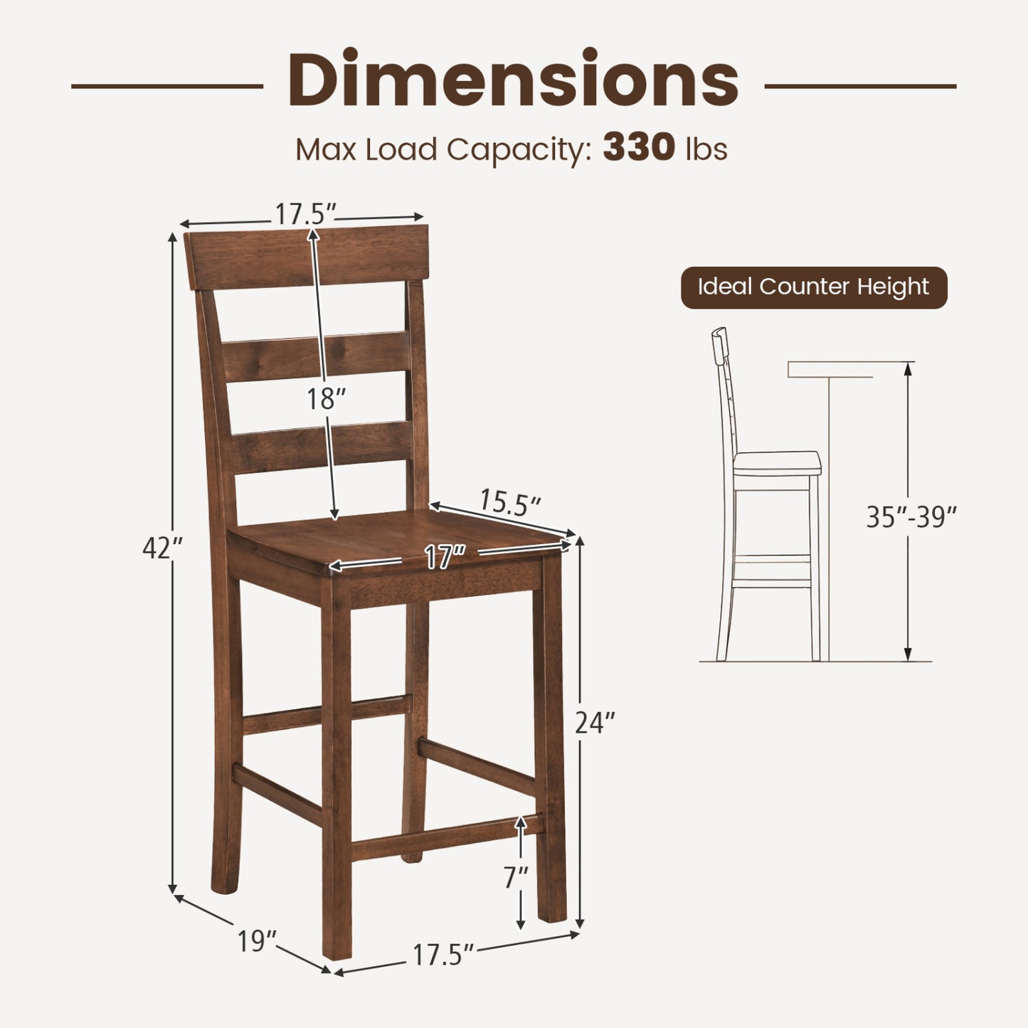 Counter Height Bar Stools Set of 2 - Rubber Wood Frame