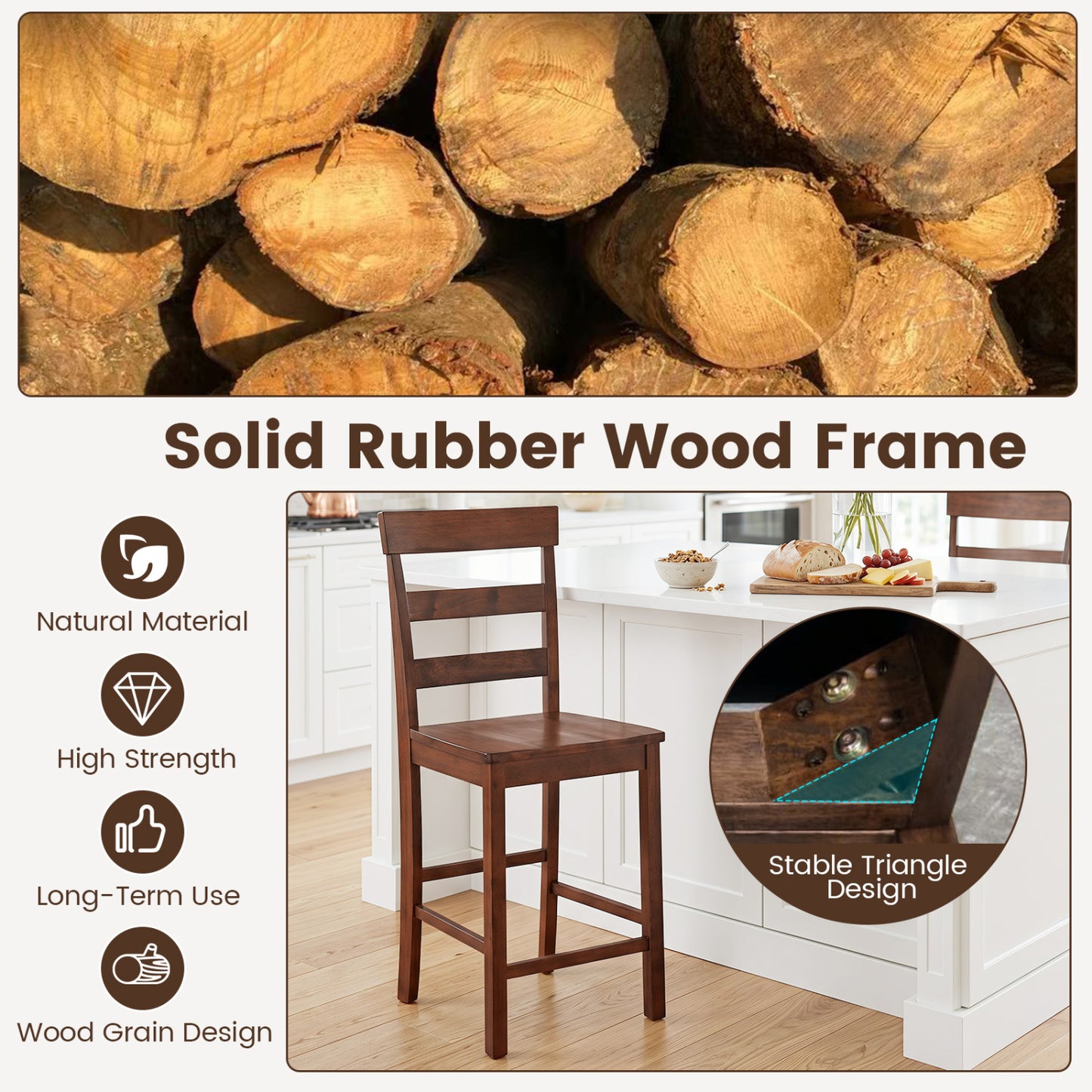 Counter Height Bar Stools Set of 2 - Rubber Wood Frame