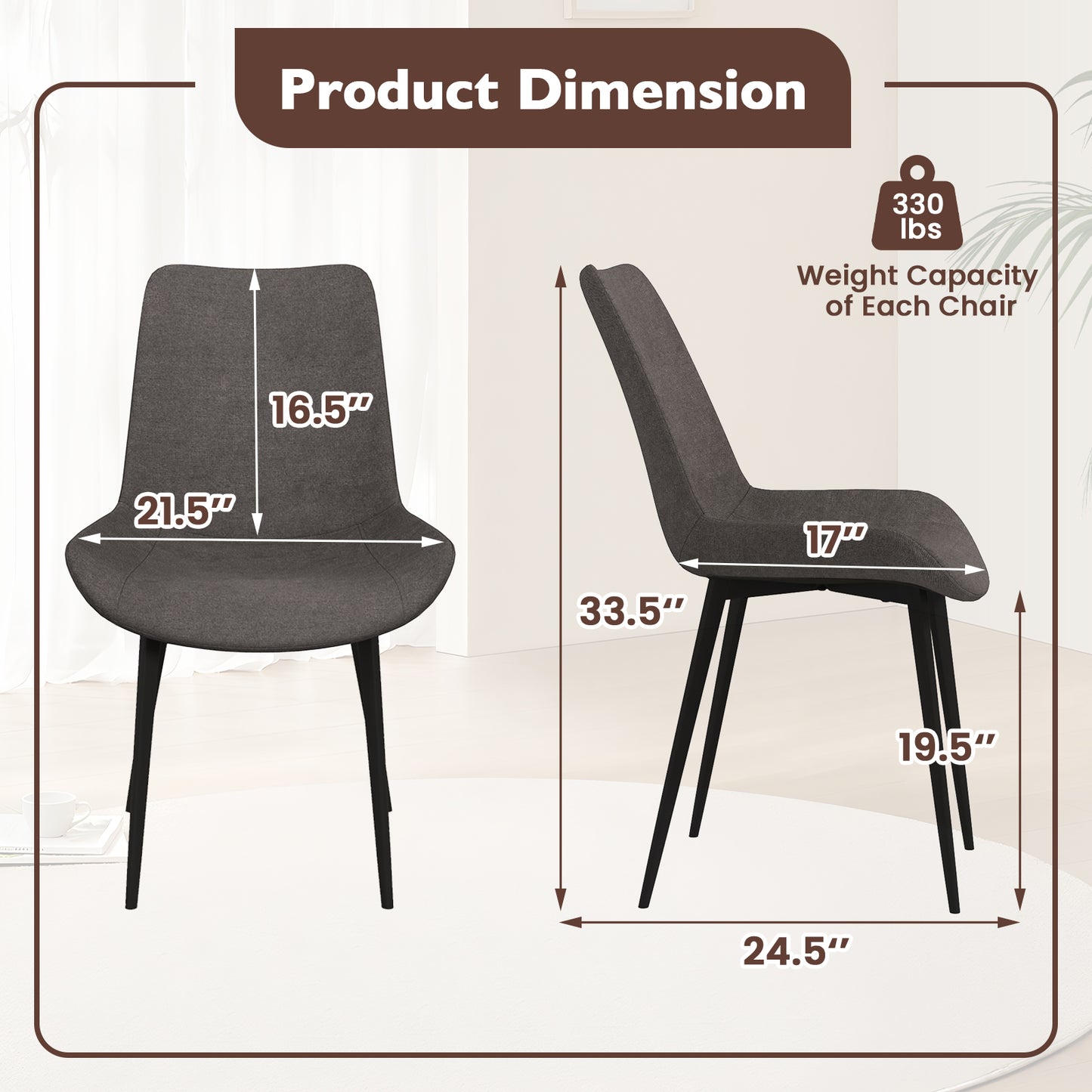 Set of 4 Dining Chair Upholstered with Metal Legs and Padded Backs-Gray