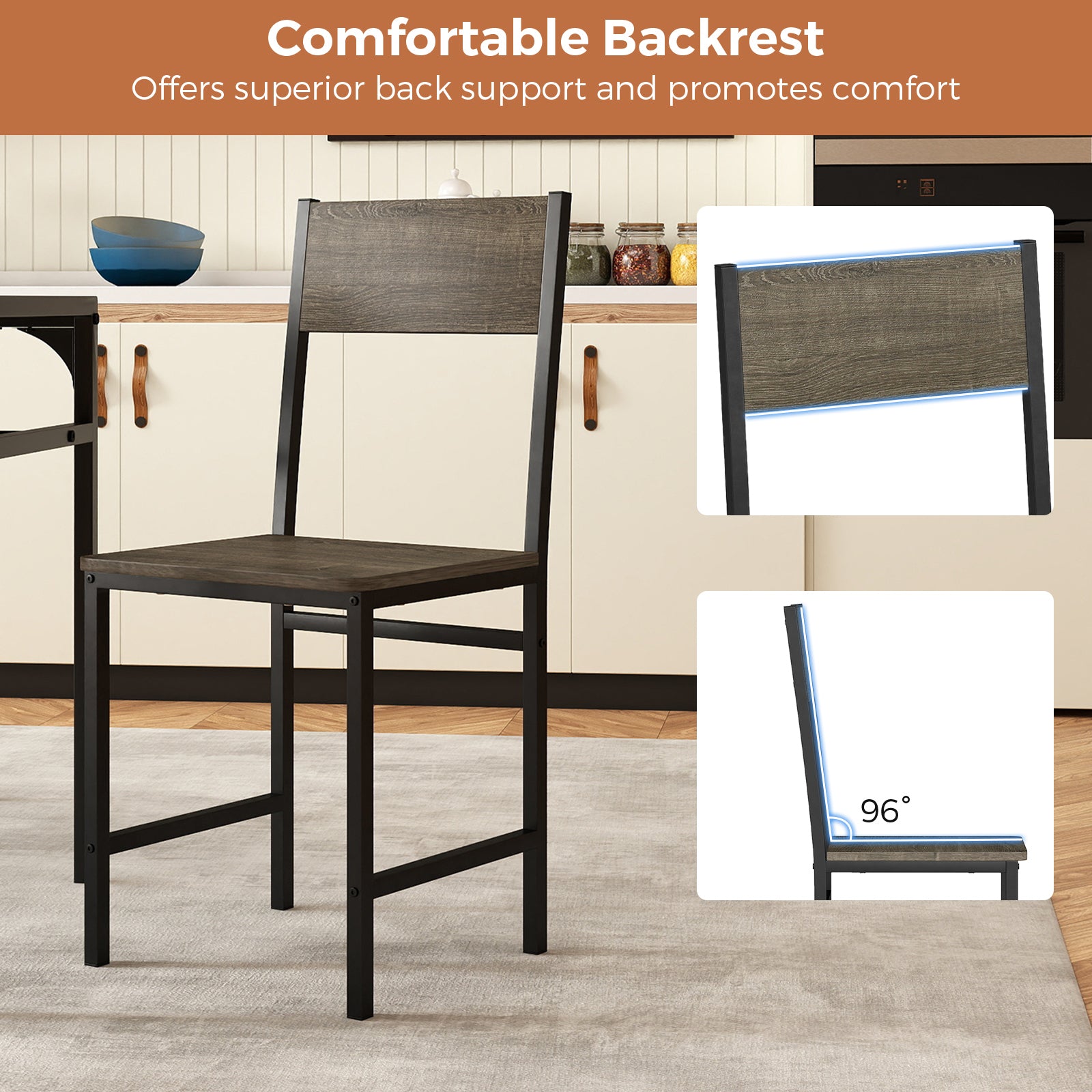 Set of 4 Dining Chairs with Metal Legs and Slanted Back-Gray