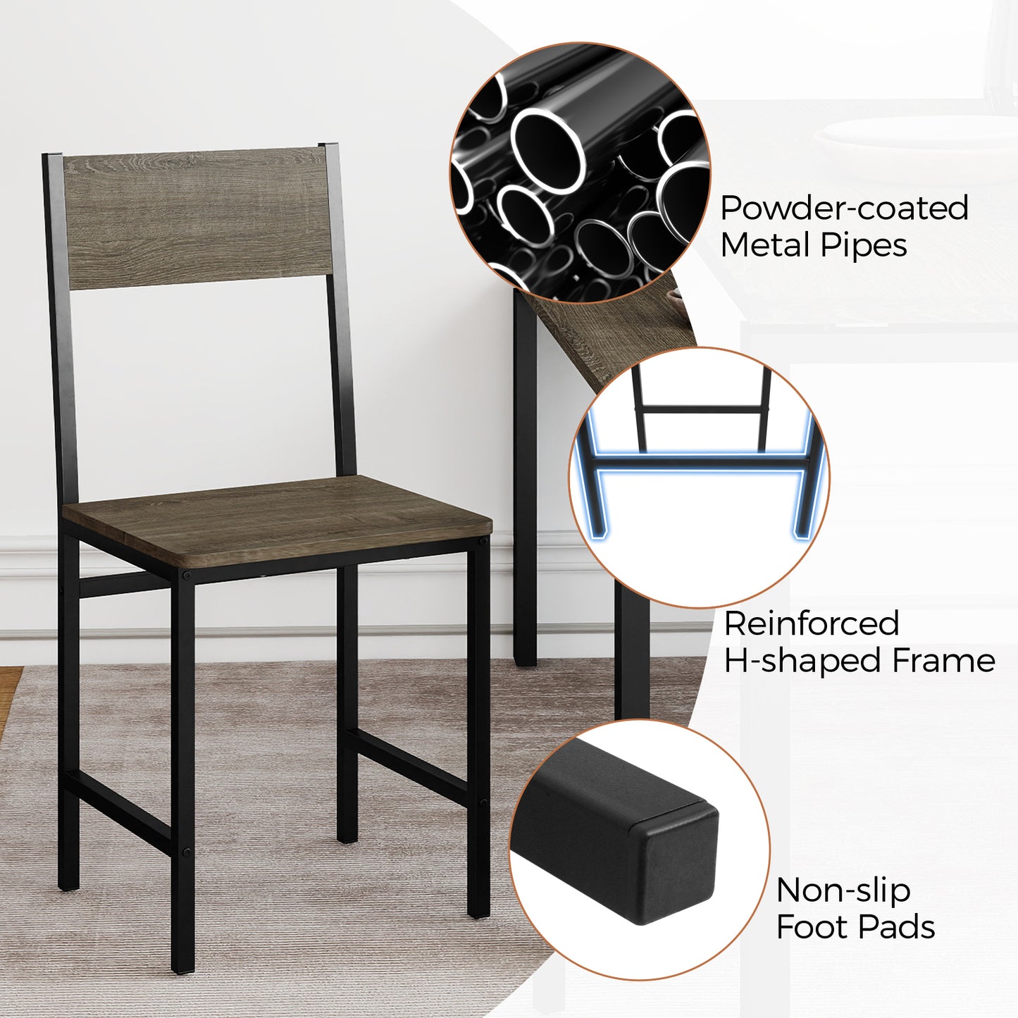 Set of 4 Dining Chairs with Metal Legs and Slanted Back-Gray