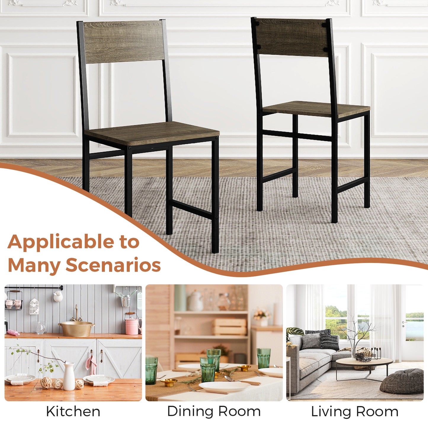 Set of 4 Dining Chairs with Metal Legs and Slanted Back-Gray
