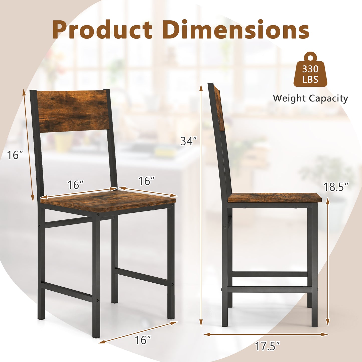 Set of 4 Dining Chairs with Metal Legs and Slanted Back-Rustic Brown