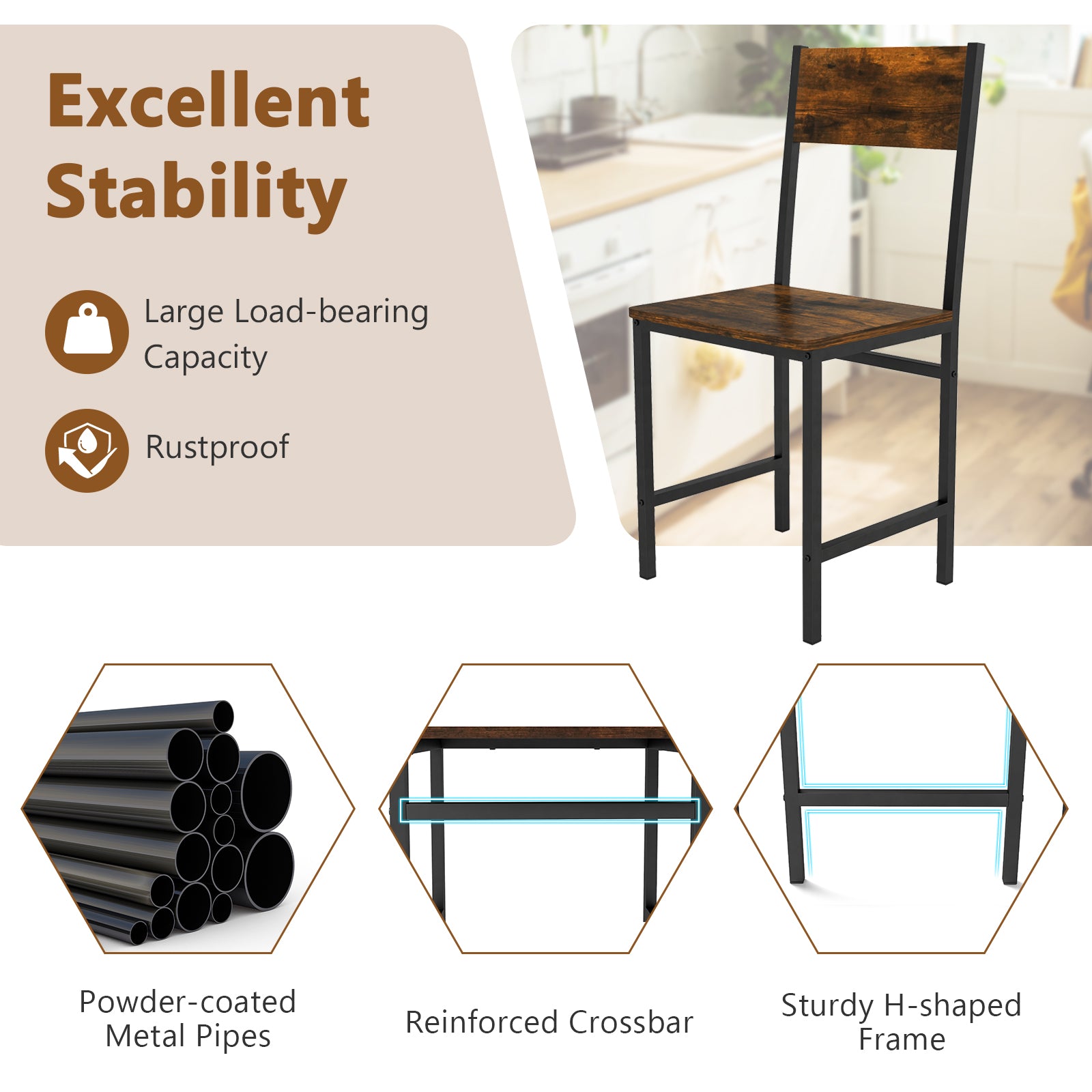 Set of 4 Dining Chairs with Metal Legs and Slanted Back-Rustic Brown