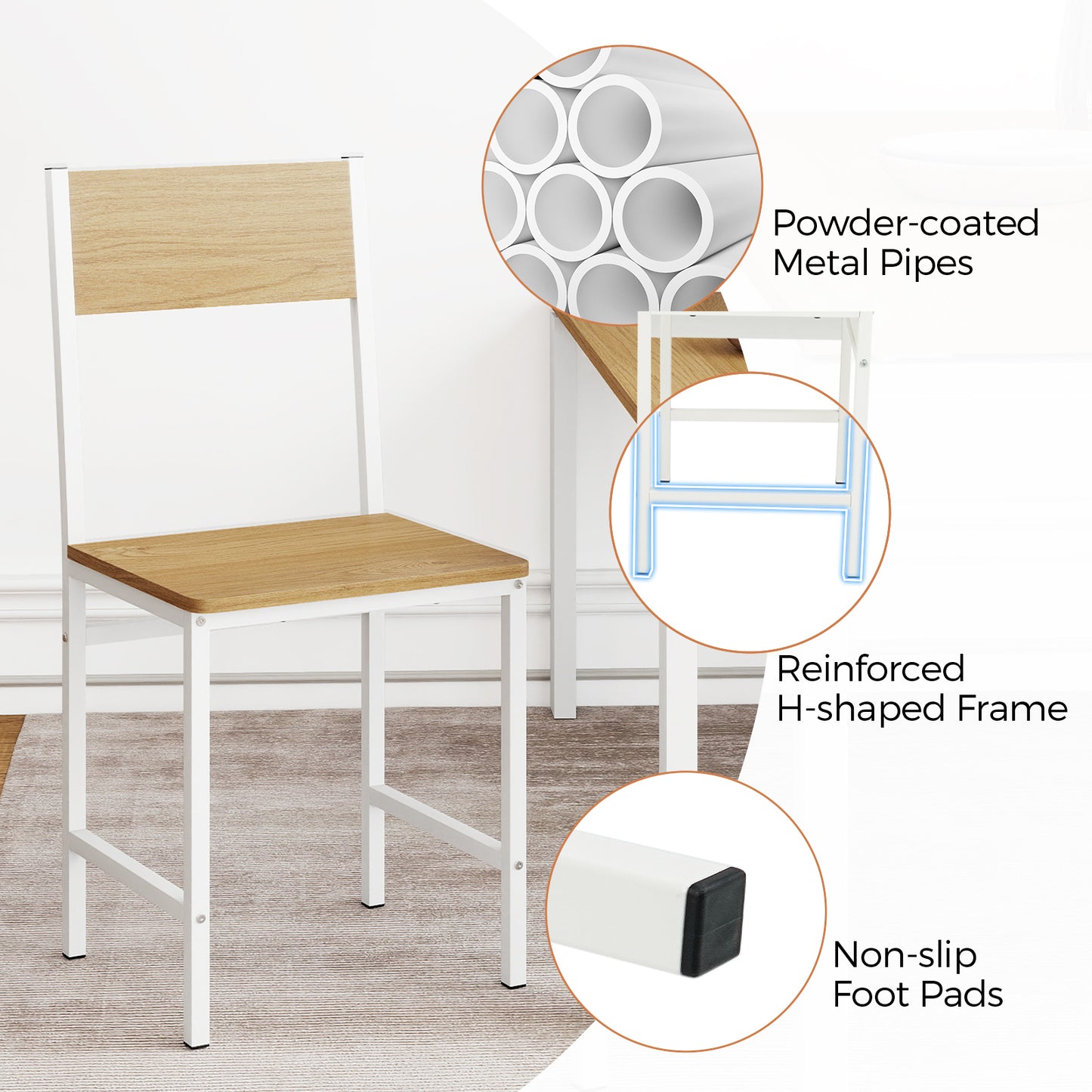 Set of 4 Dining Chairs with Metal Legs and Slanted Back-Natural