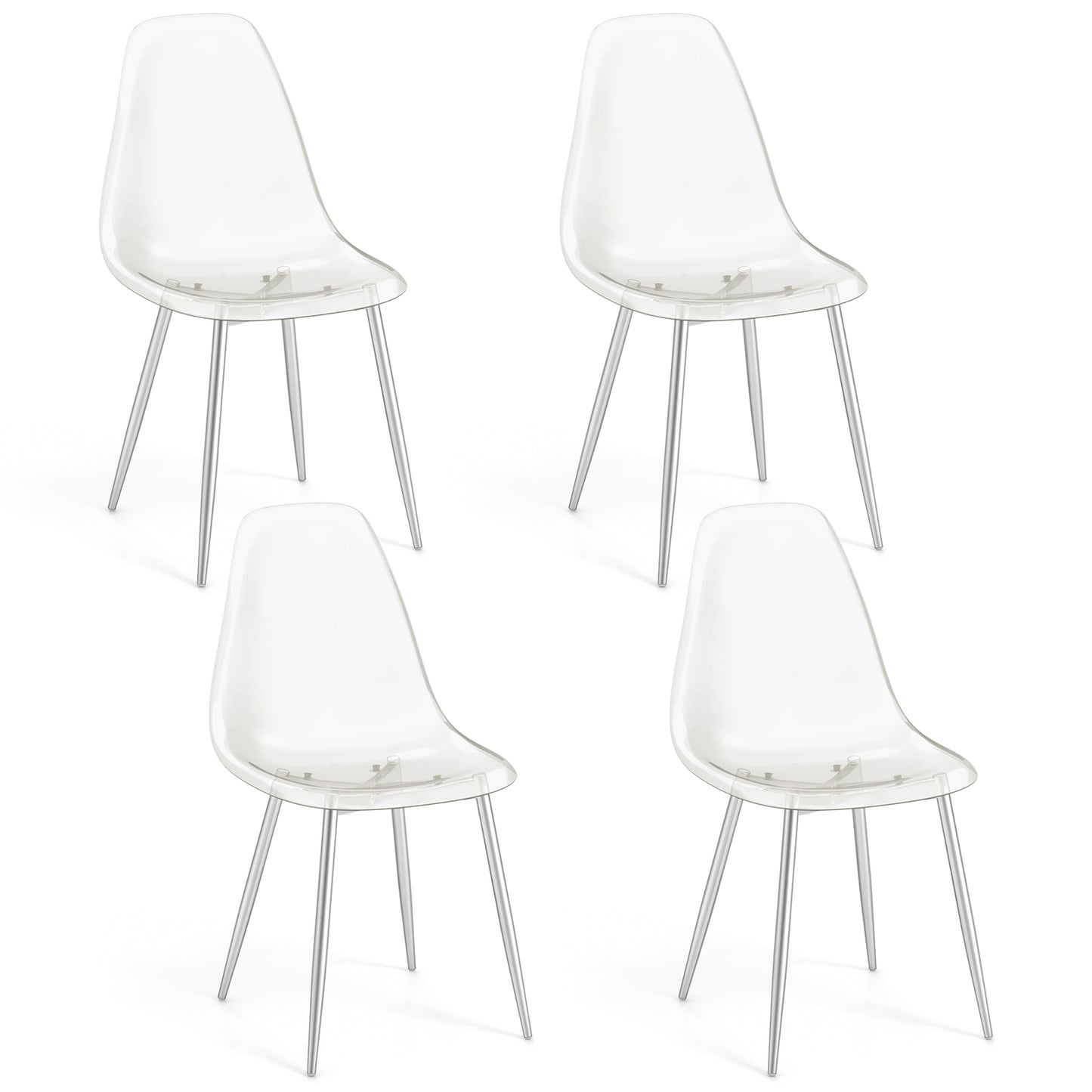 Set of 4 Dining Chairs Modern Plastic Shell Side Chair with Clear Seat and Wood Legs-Silver