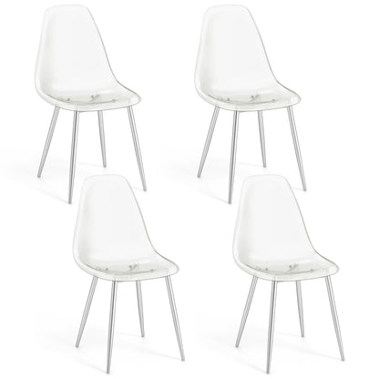 Set of 4 Dining Chairs Modern Plastic Shell Side Chair with Clear Seat and Wood Legs-Silver