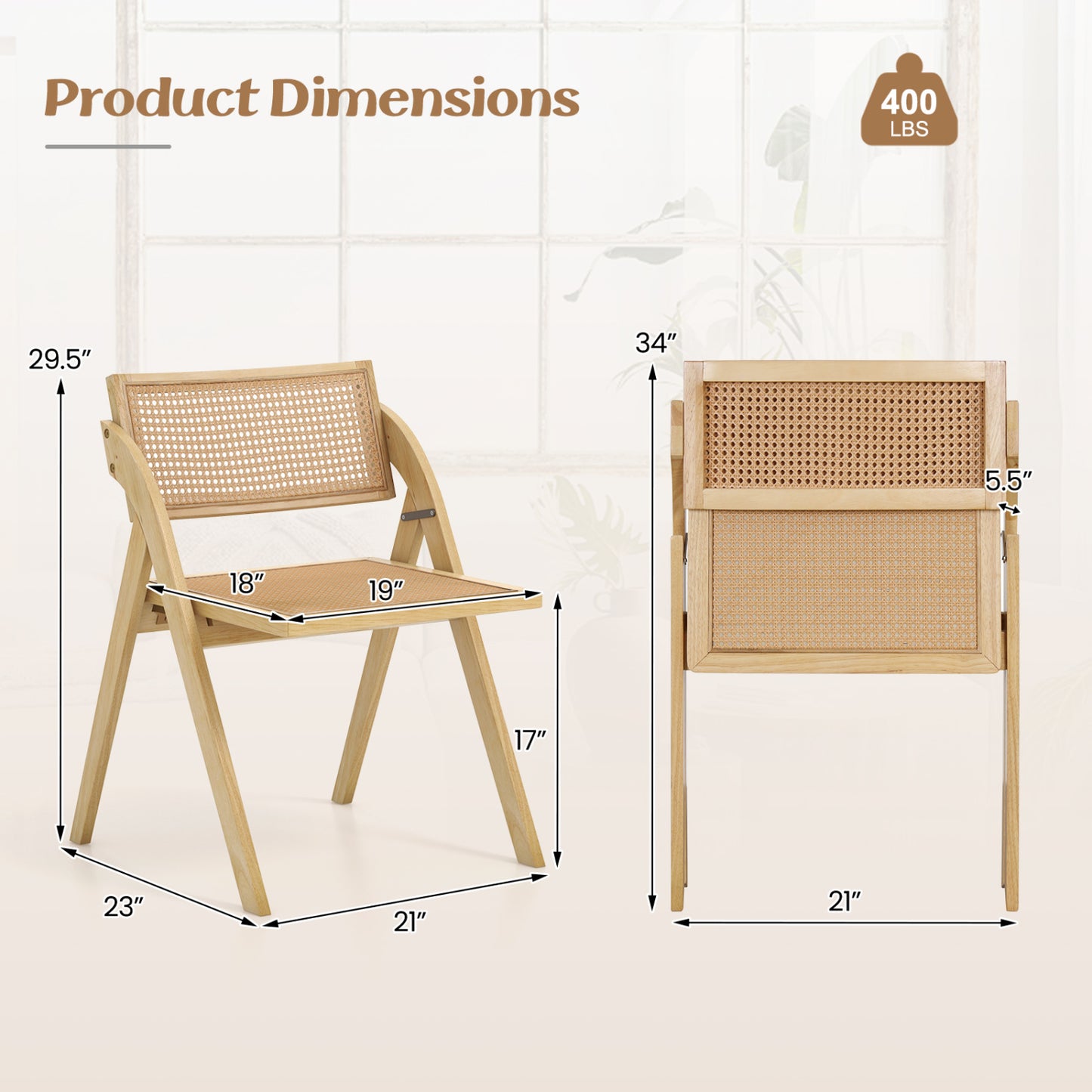 Foldable Dining Chairs Set of 4 with Woven Rattan Backrest
