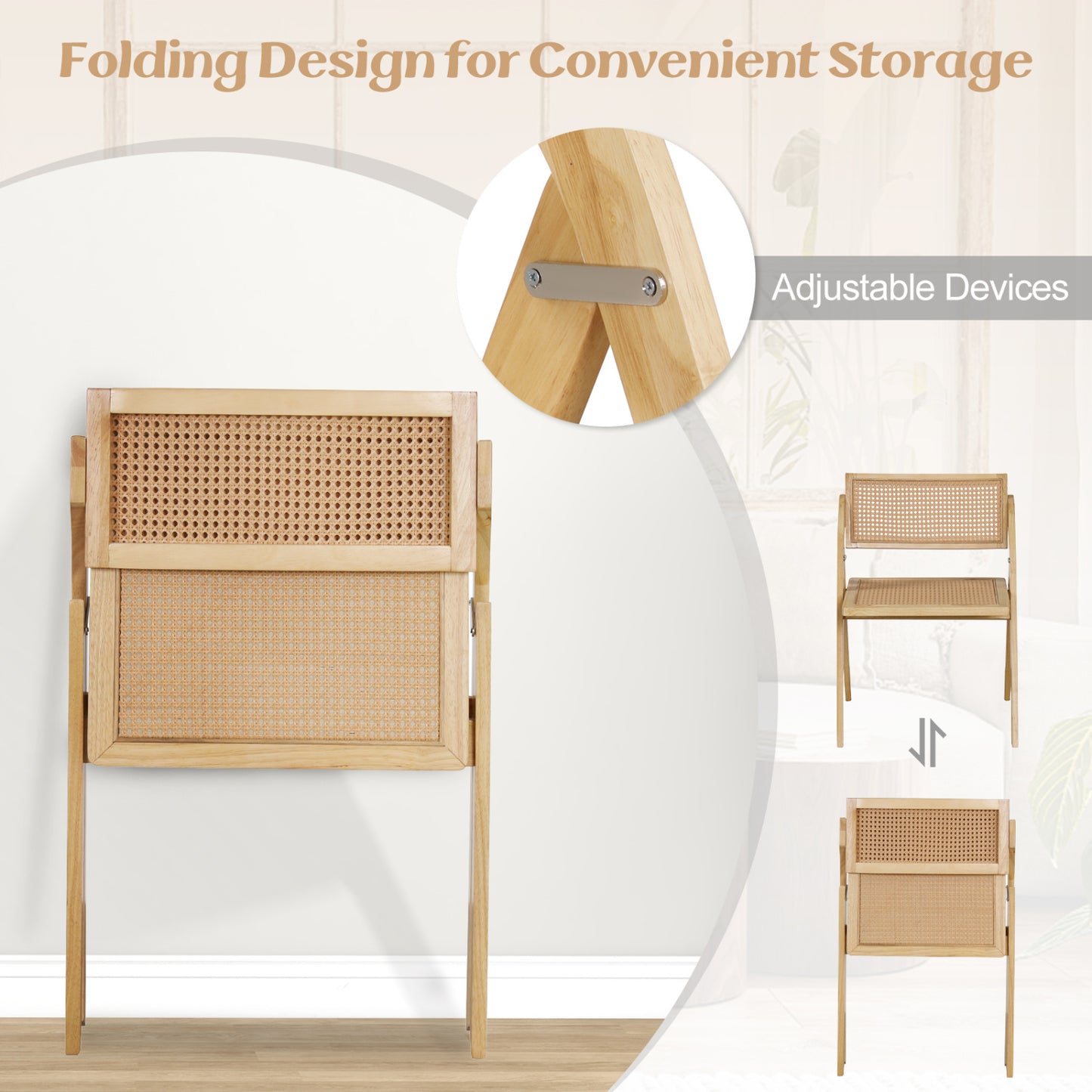 Foldable Dining Chairs Set of 4 with Woven Rattan Backrest