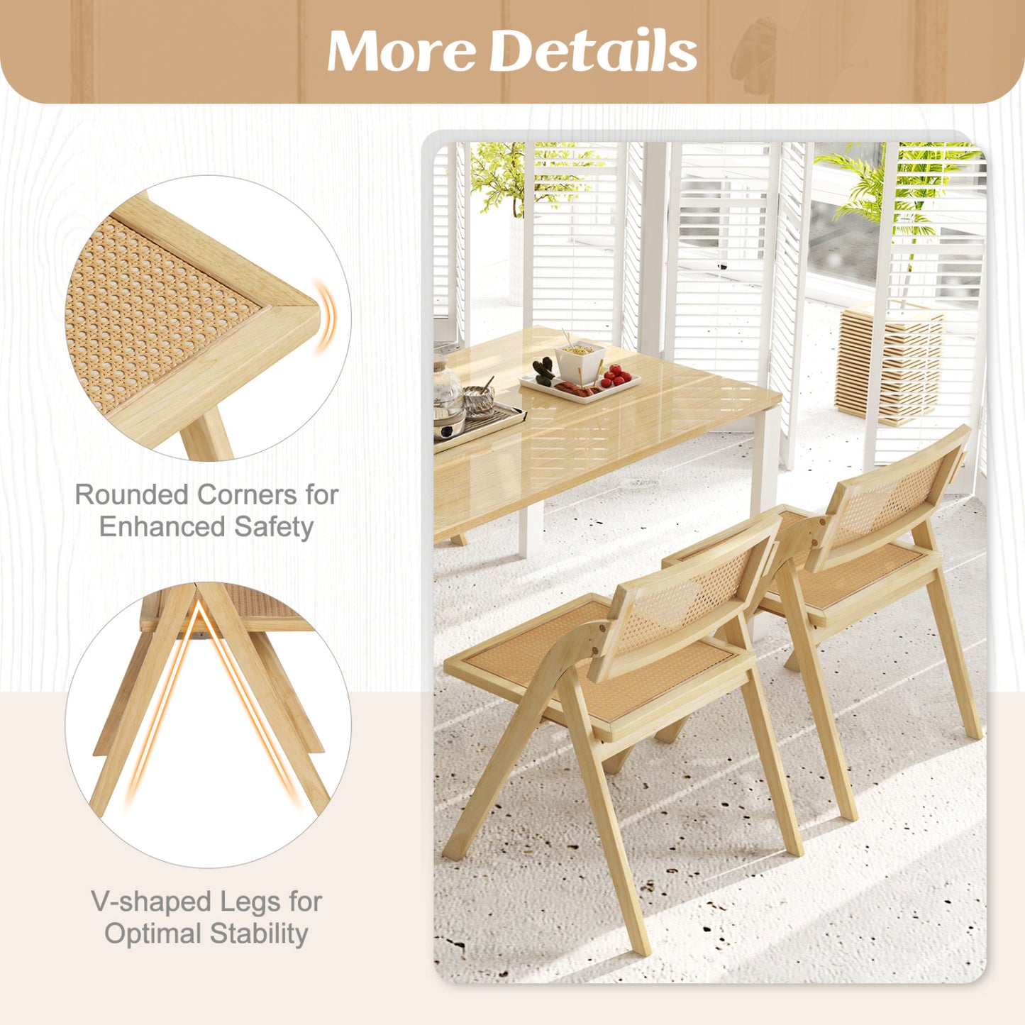Foldable Dining Chairs Set of 4 with Woven Rattan Backrest