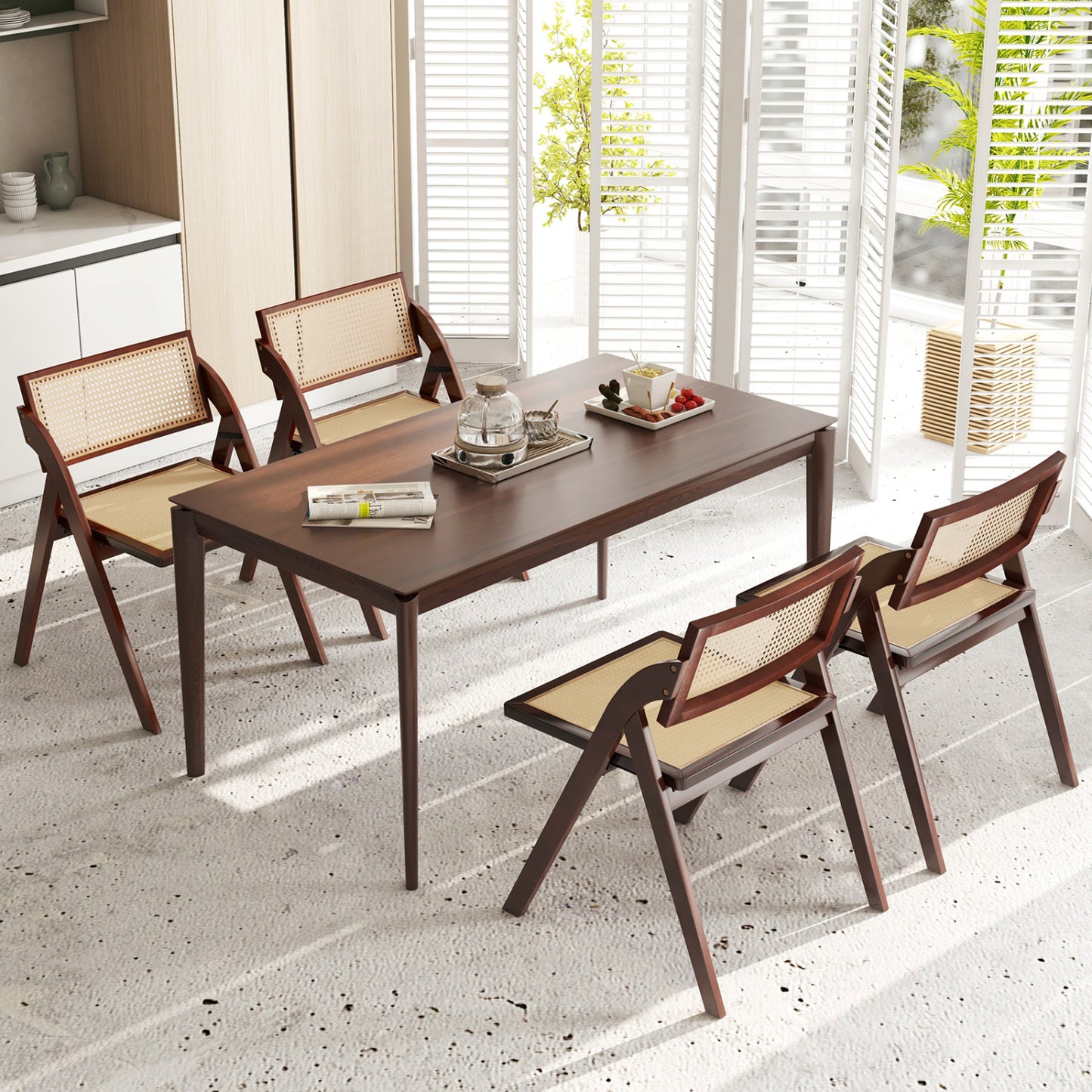 Foldable Dining Chairs Set of 4 with Woven Rattan Backrest