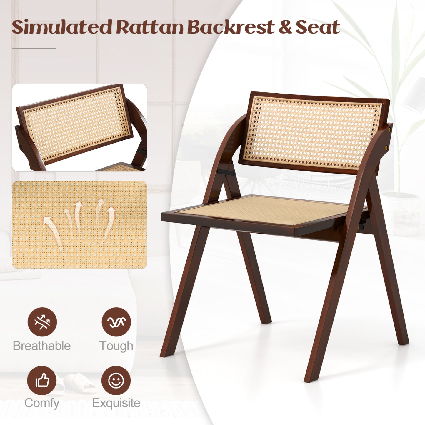 Foldable Dining Chairs Set of 4 with Woven Rattan Backrest