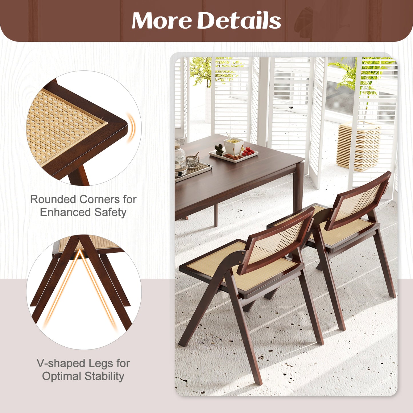 Foldable Dining Chairs Set of 4 with Woven Rattan Backrest