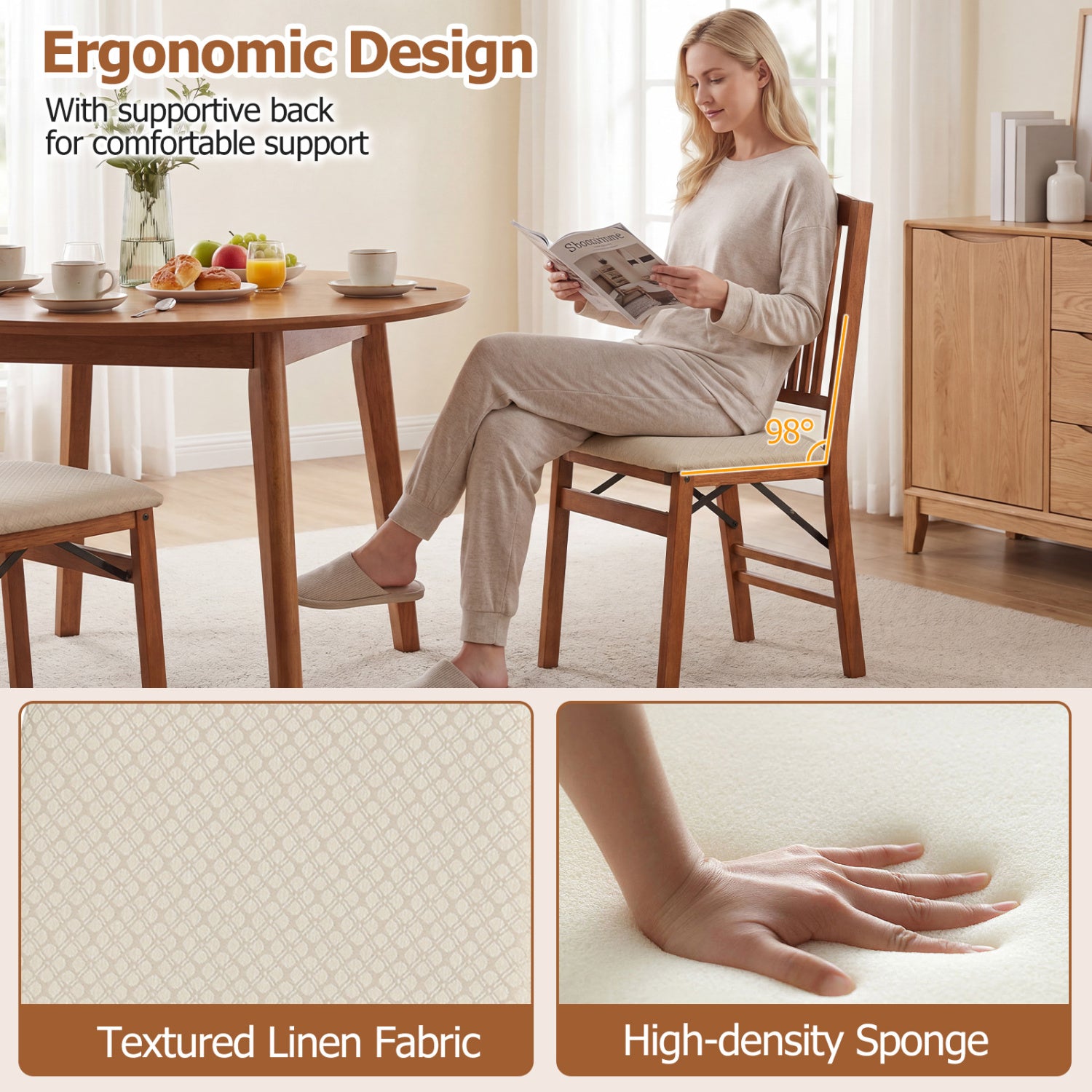 Set of 4 Foldable Upholstered Kitchen Chairs with Padded Seat