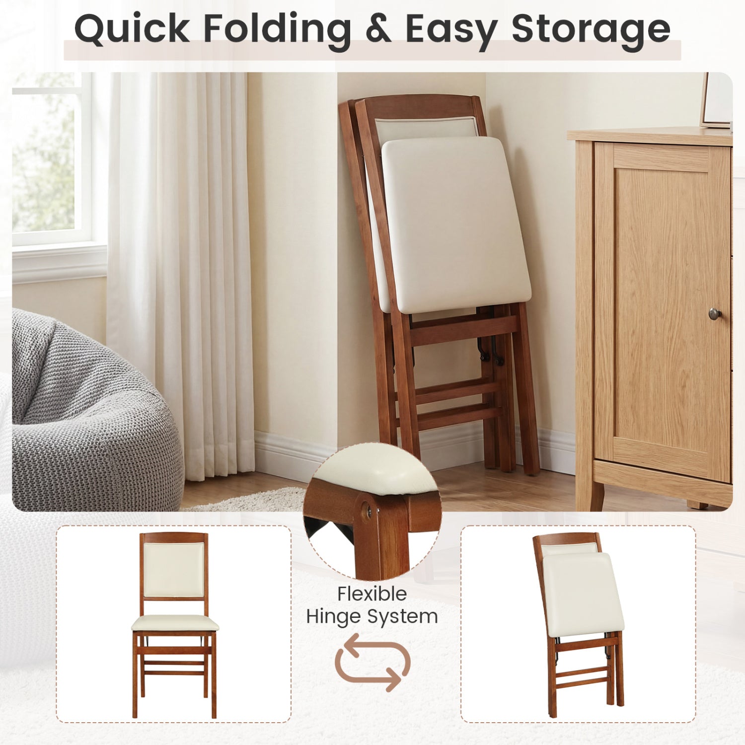 Set of 4 Folding Dining Chairs with Padded Seat and High Backrest