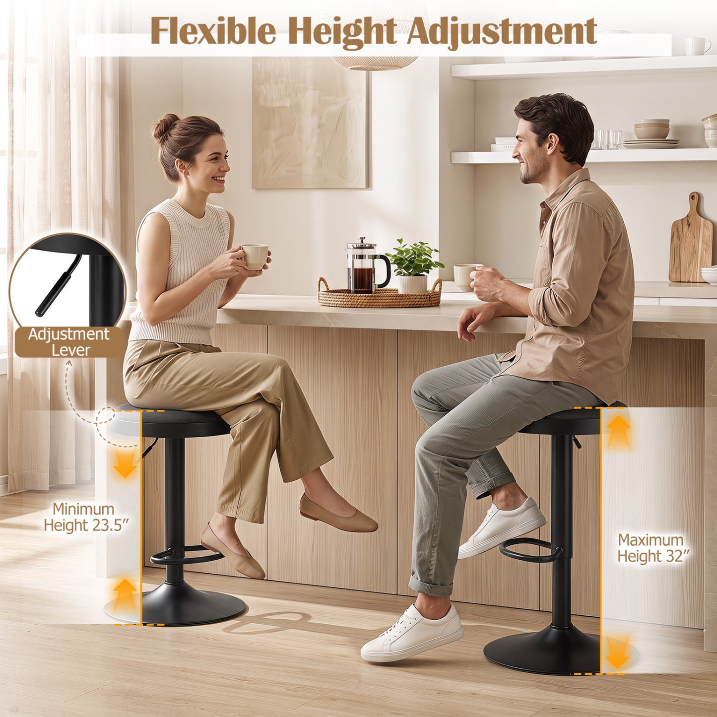 Adjustable Swivel Bar Stools Set of 4 with Padded Seats