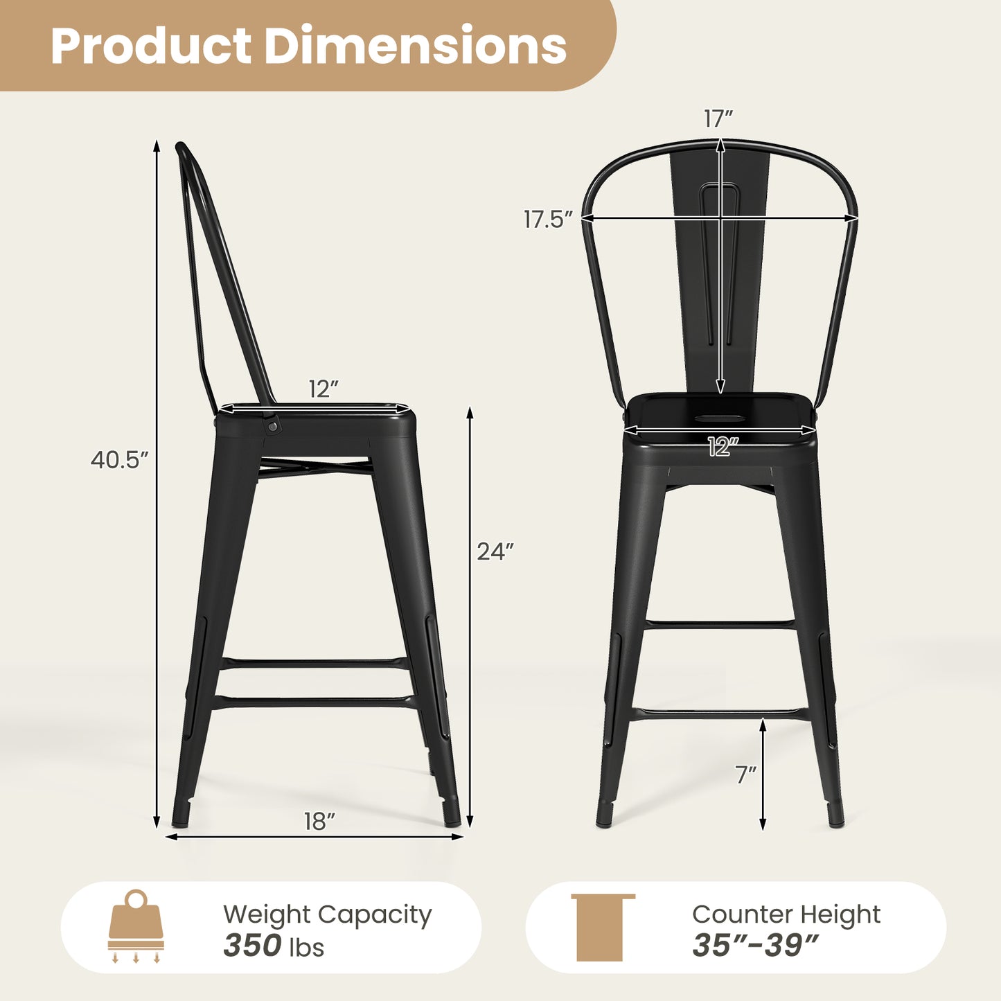 Set of 4 Metal Bar Stools with Backrests and Footrests-Black