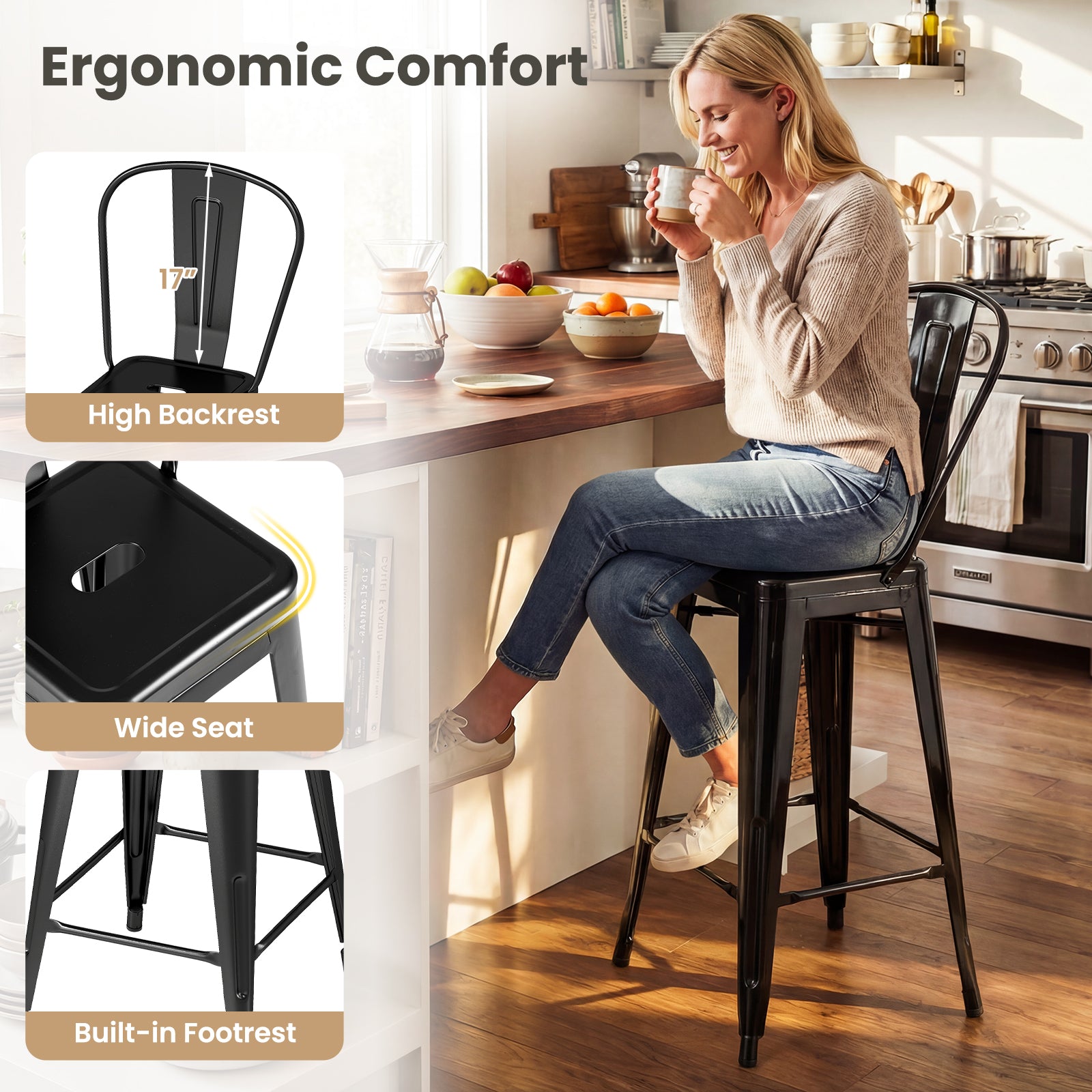 Set of 4 Metal Bar Stools with Backrests and Footrests-Black