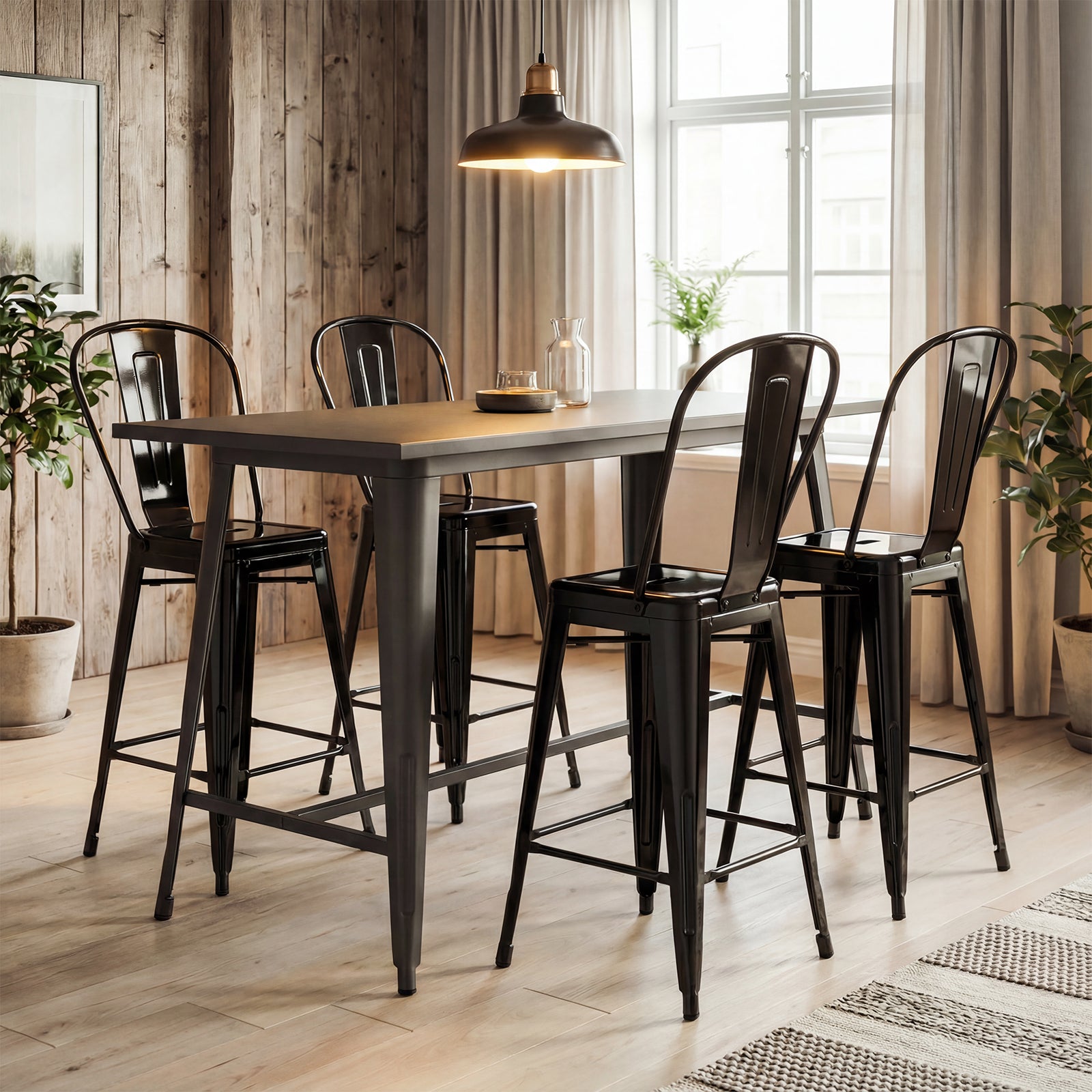Set of 4 Metal Bar Stools with Backrests and Footrests-Black