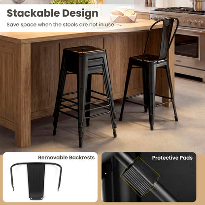 Set of 4 Metal Bar Stools with Backrests and Footrests-Black