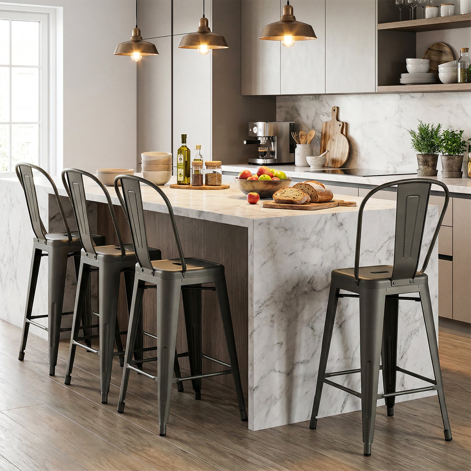 Set of 4 Metal Bar Stools with Backrests and Footrests-Gun Metal