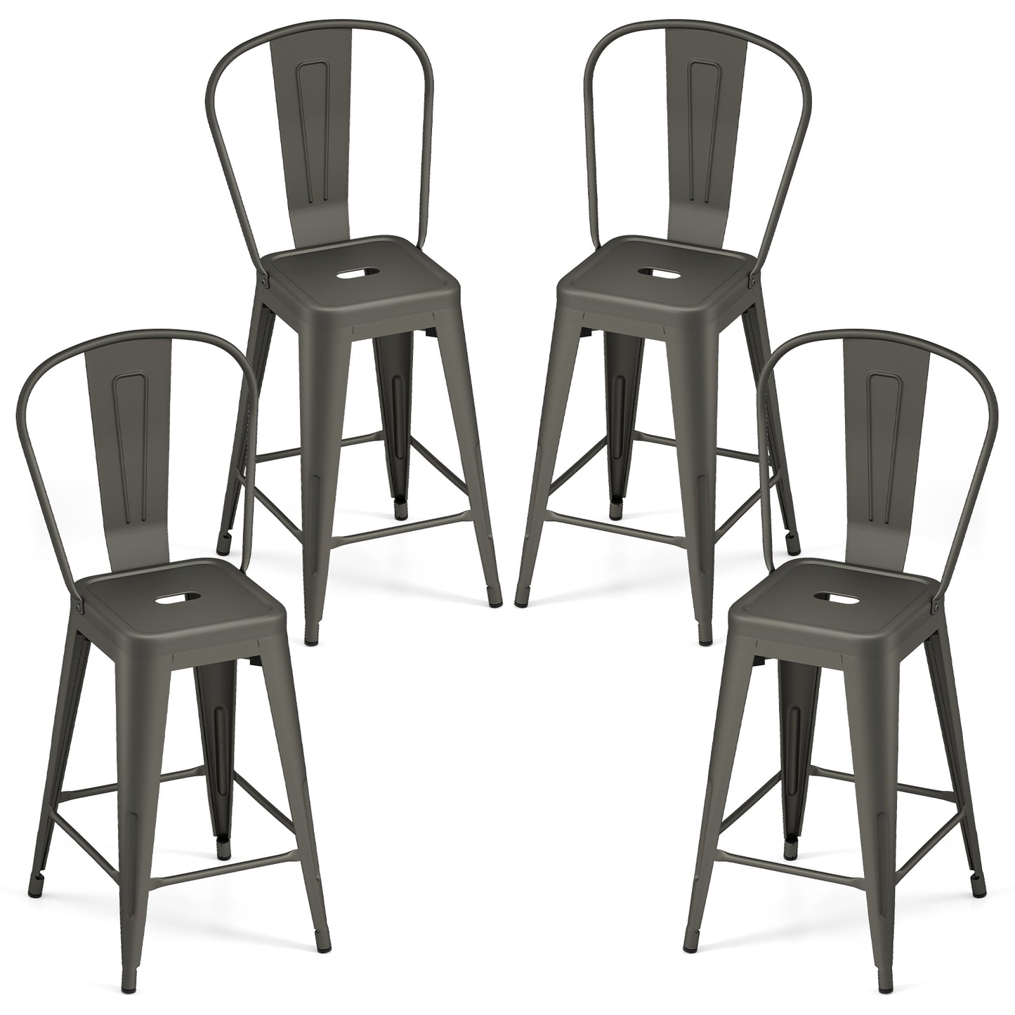 Set of 4 Metal Bar Stools with Backrests and Footrests-Gun Metal