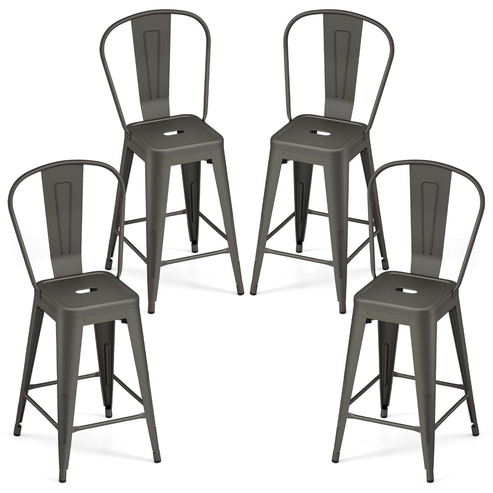 Set of 4 Metal Bar Stools with Backrests and Footrests-Gun Metal