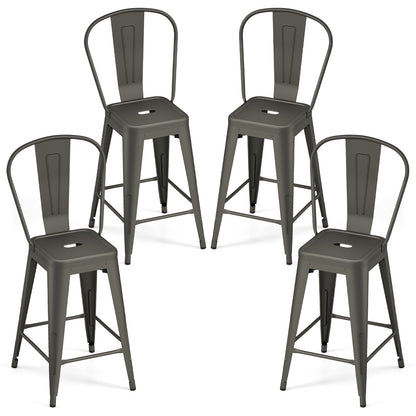 Set of 4 Metal Bar Stools with Backrests and Footrests-Gun Metal