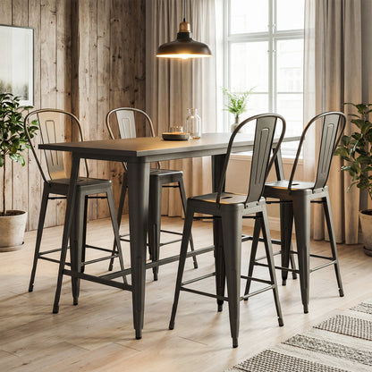 Set of 4 Metal Bar Stools with Backrests and Footrests-Gun Metal
